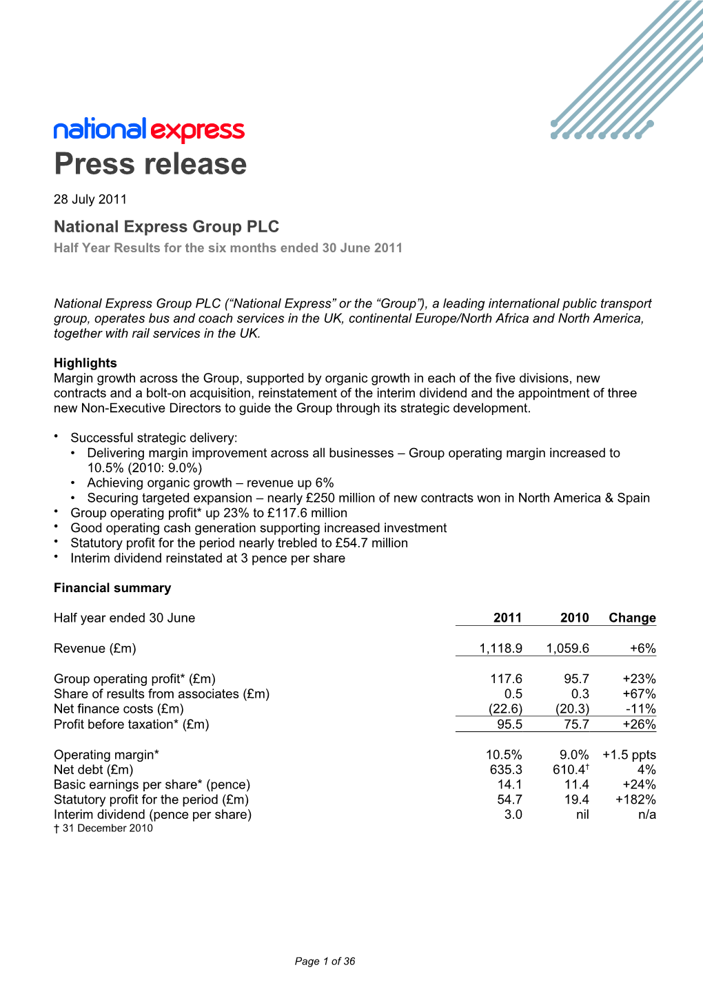 National Express Group PLC Half Year Results for the Six Months Ended 30 June 2011