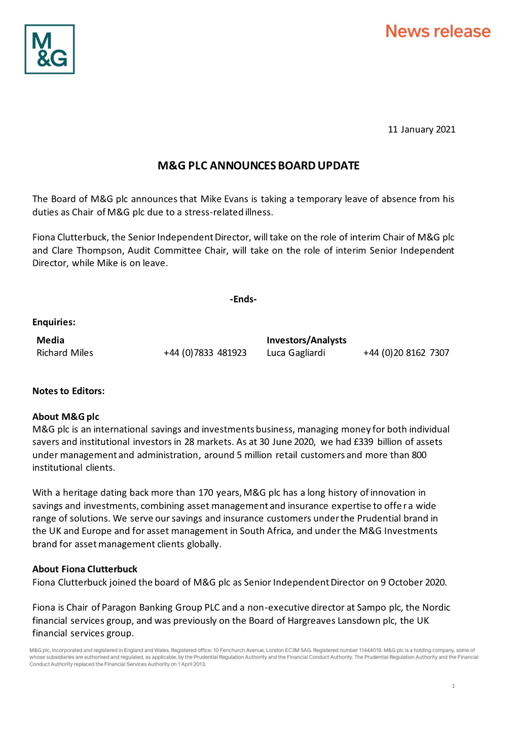 M&G Plc Announces Board Update