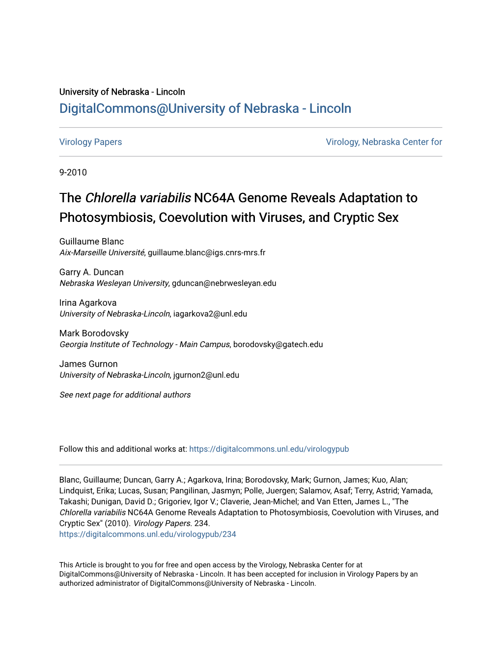 The Chlorella Variabilis NC64A Genome Reveals Adaptation to Photosymbiosis, Coevolution with Viruses, and Cryptic Sex