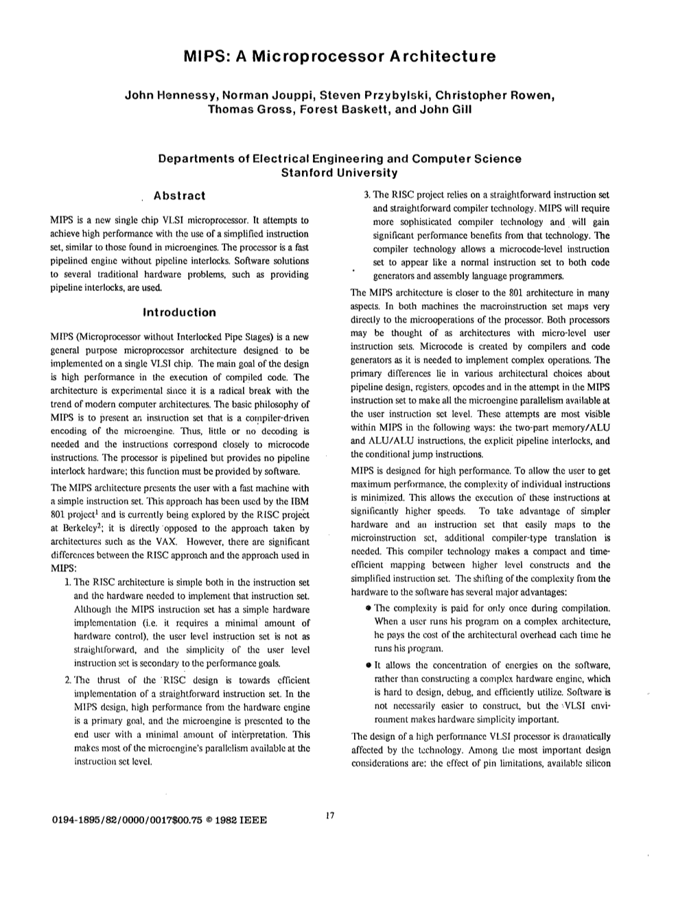 MIPS: a Microprocessor Architecture