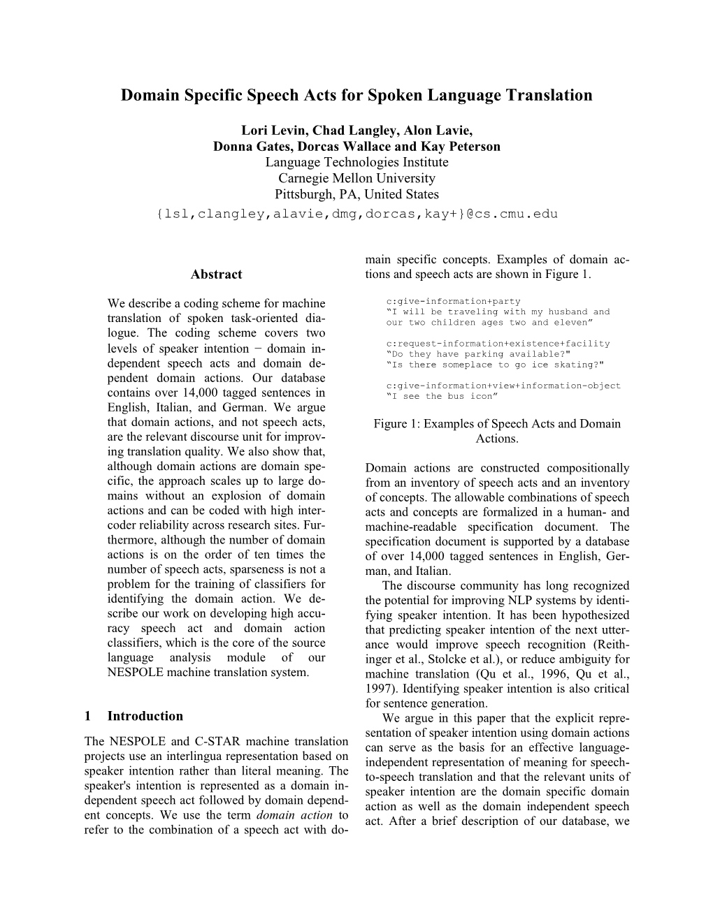 Domain Specific Speech Acts for Spoken Language Translation