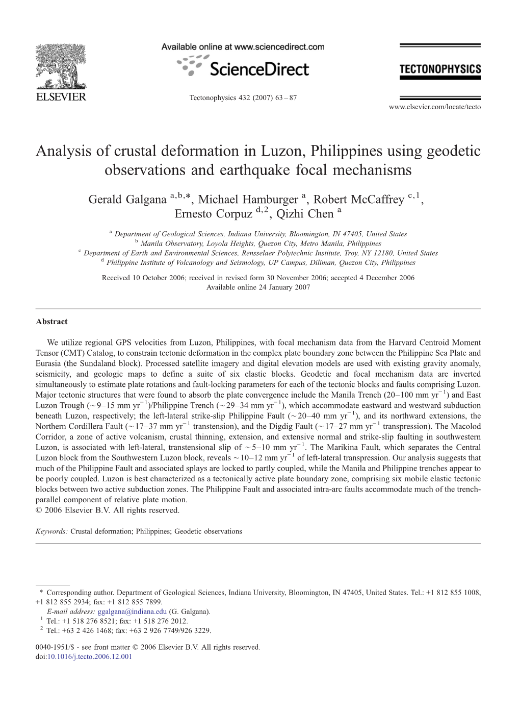Analysis of Crustal Deformation in Luzon, Philippines Using Geodetic
