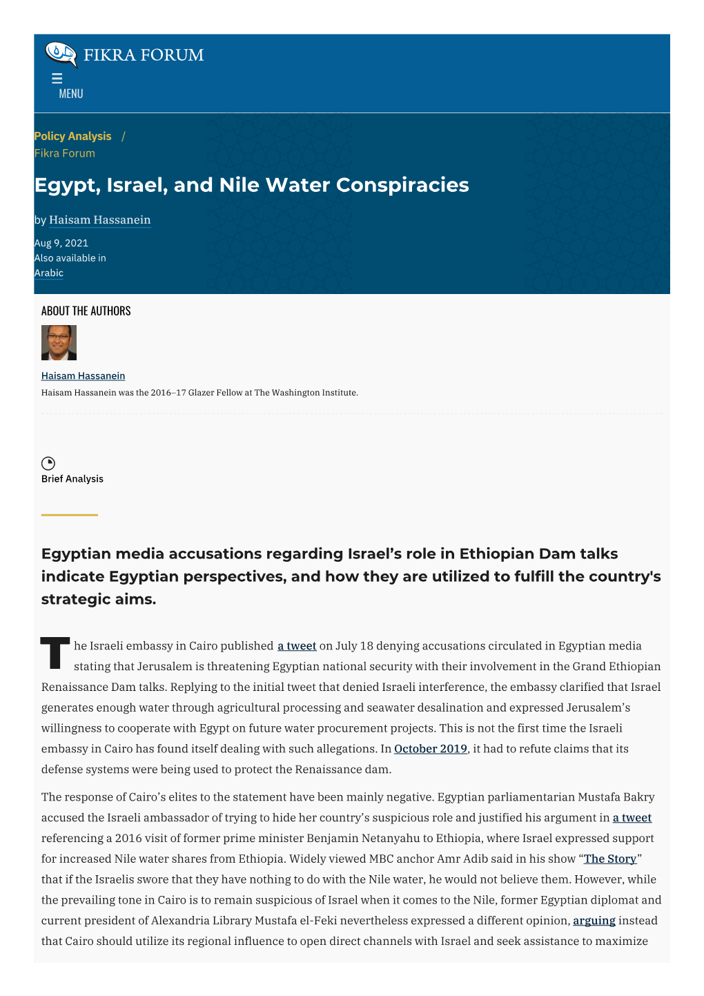 Egypt, Israel, and Nile Water Conspiracies | the Washington