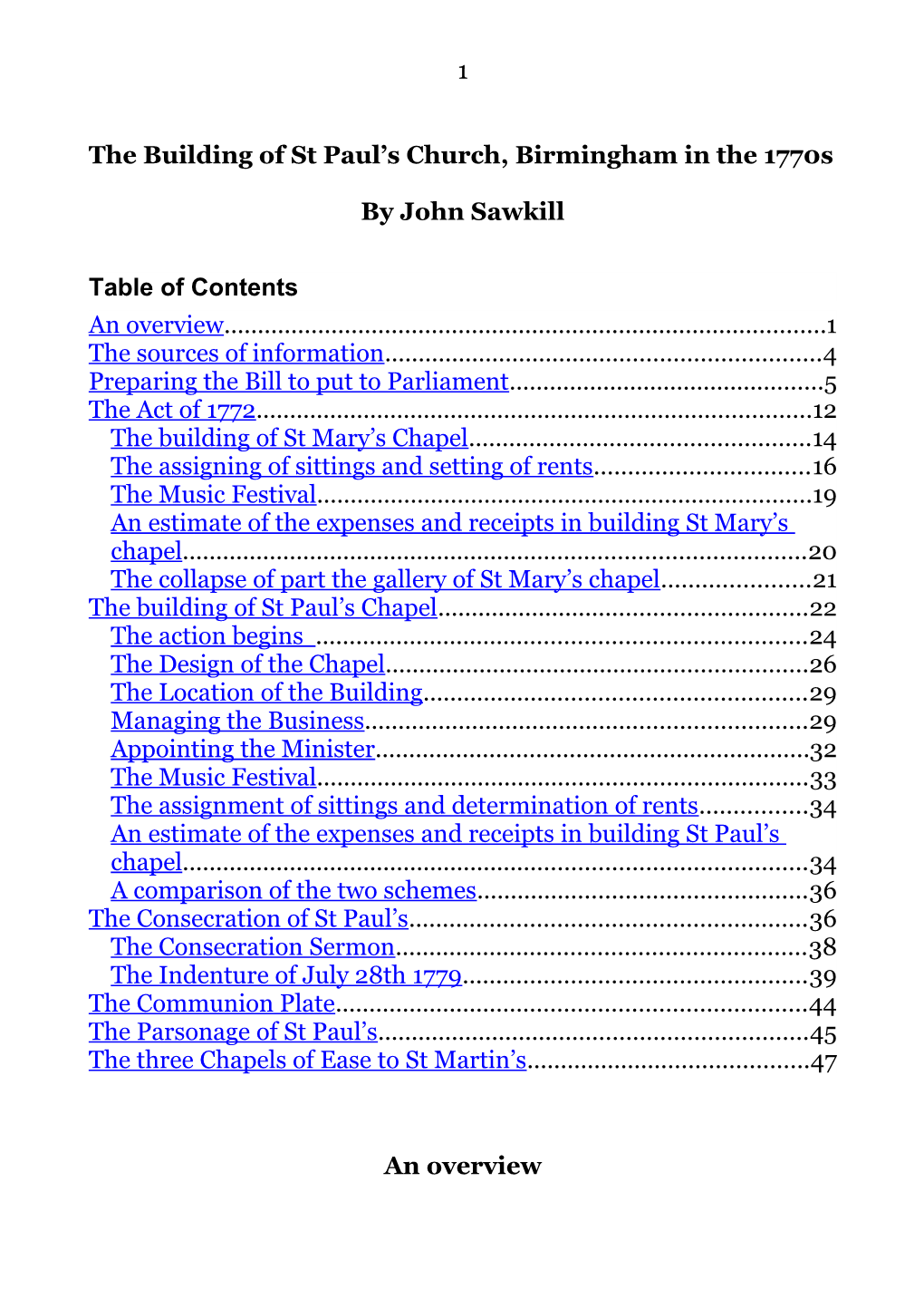 1 the Building of St Paul's Church, Birmingham in the 1770S by John Sawkill Table of Contents