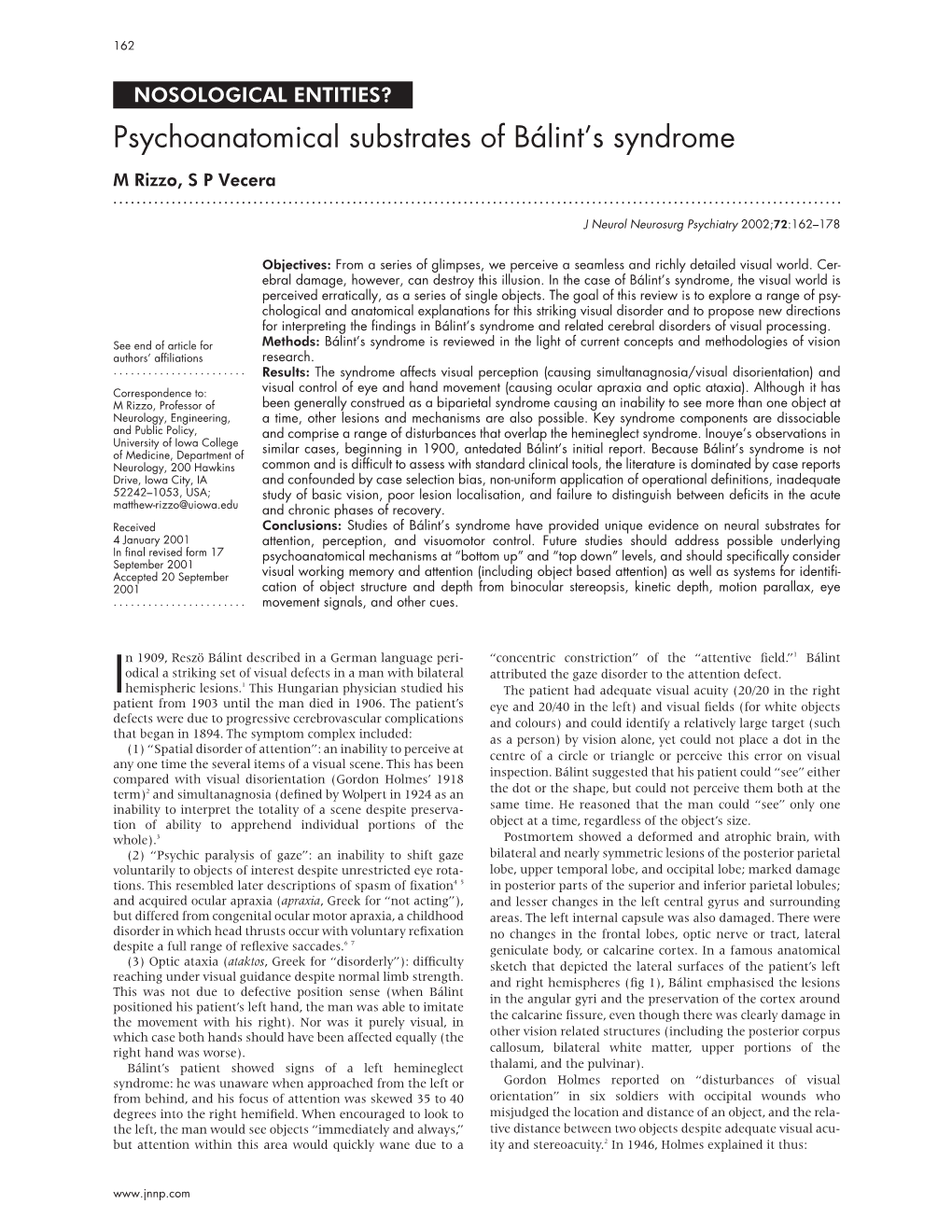 Psychoanatomical Substrates of Bálint's Syndrome