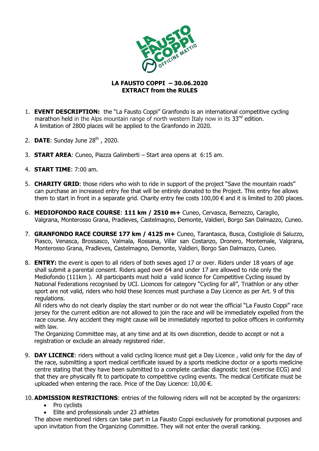 LA FAUSTO COPPI – 30.06.2020 EXTRACT from the RULES