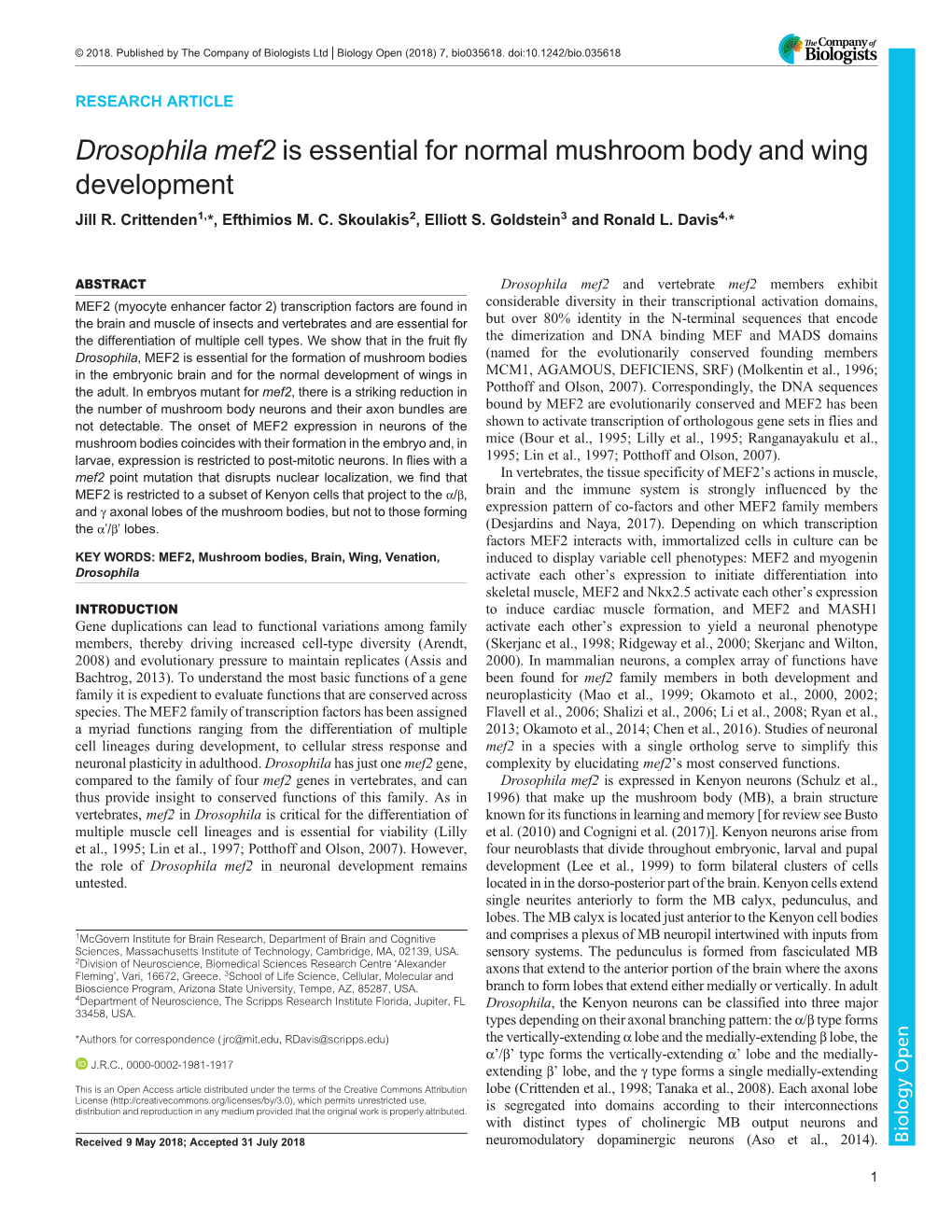 Drosophila Mef2 Is Essential for Normal Mushroom Body and Wing Development Jill R