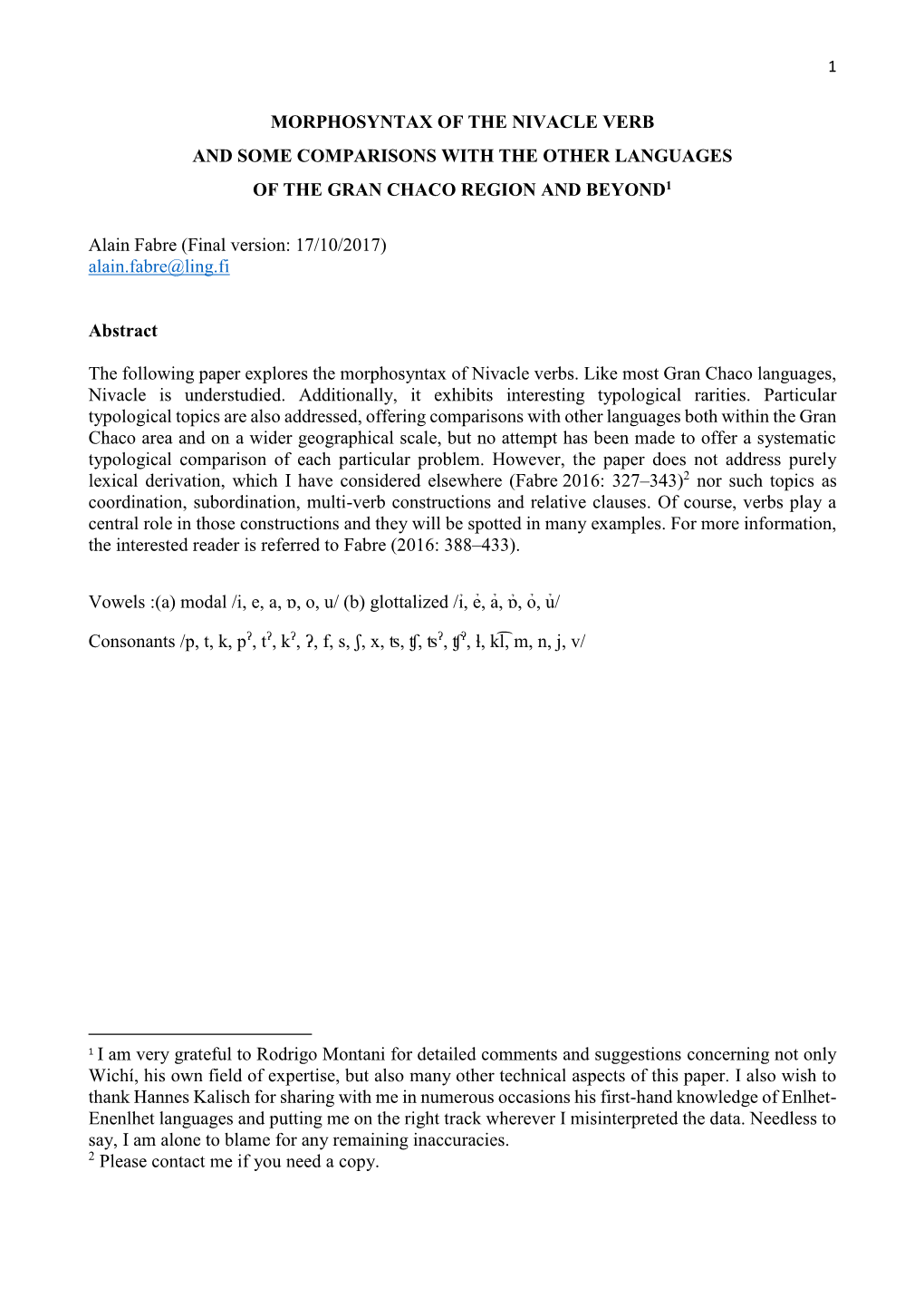 Morphosyntax of the Nivacle Verb and Some Comparisons with the Other Languages of the Gran Chaco Region and Beyond1