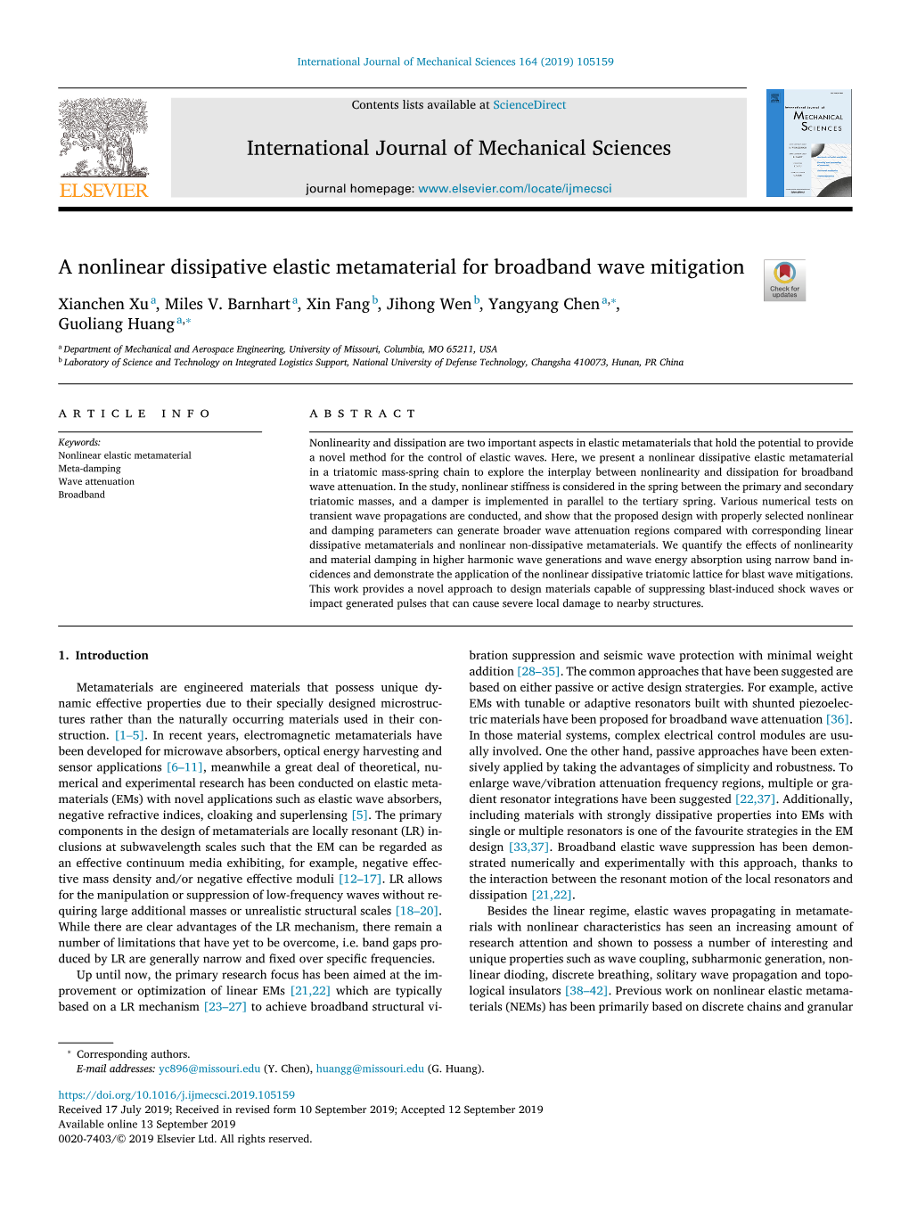 A Nonlinear Dissipative Elastic Metamaterial for Broadband Wave Mitigation