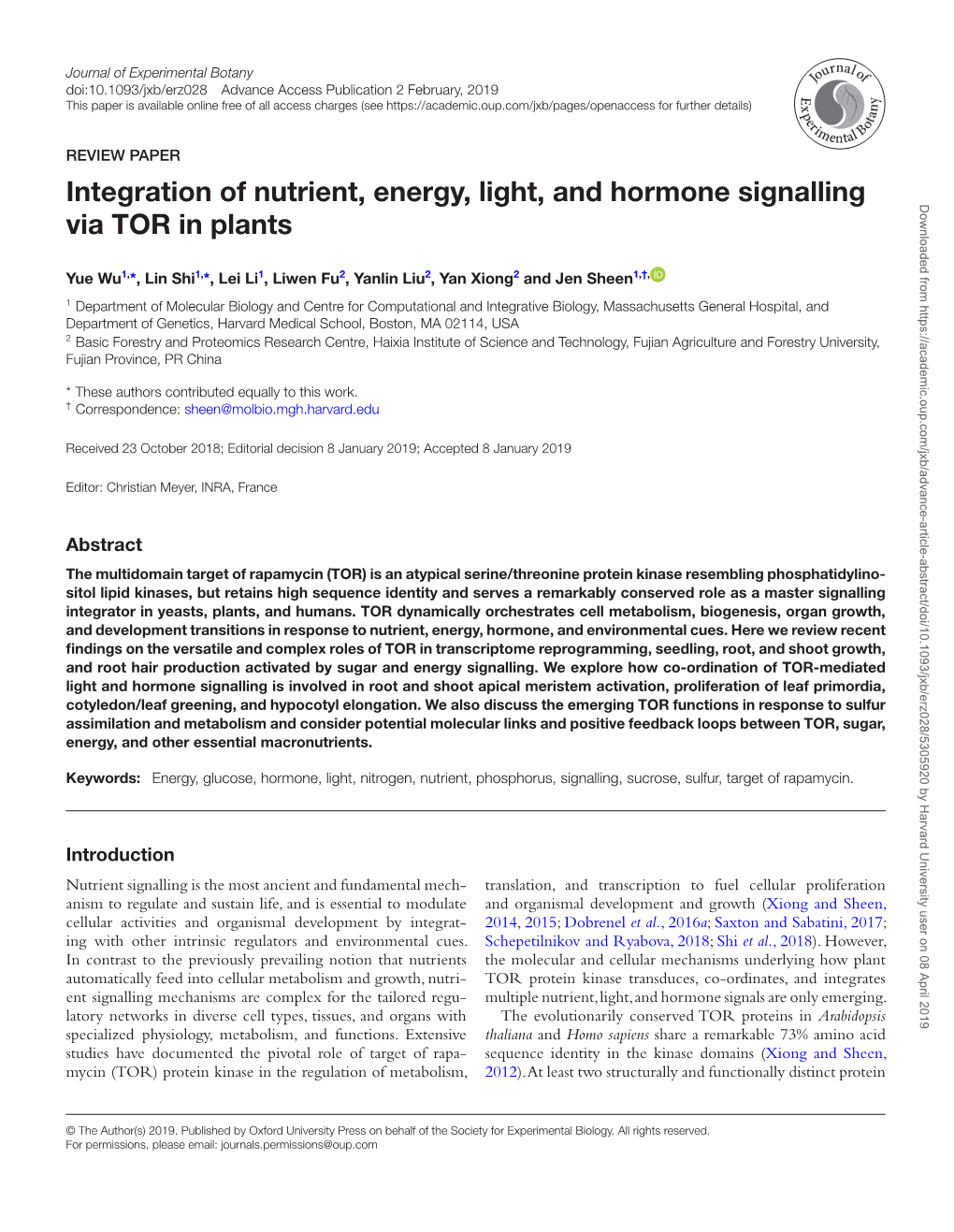 Integration of Nutrient, Energy, Light, and Hormone Signalling Via TOR In