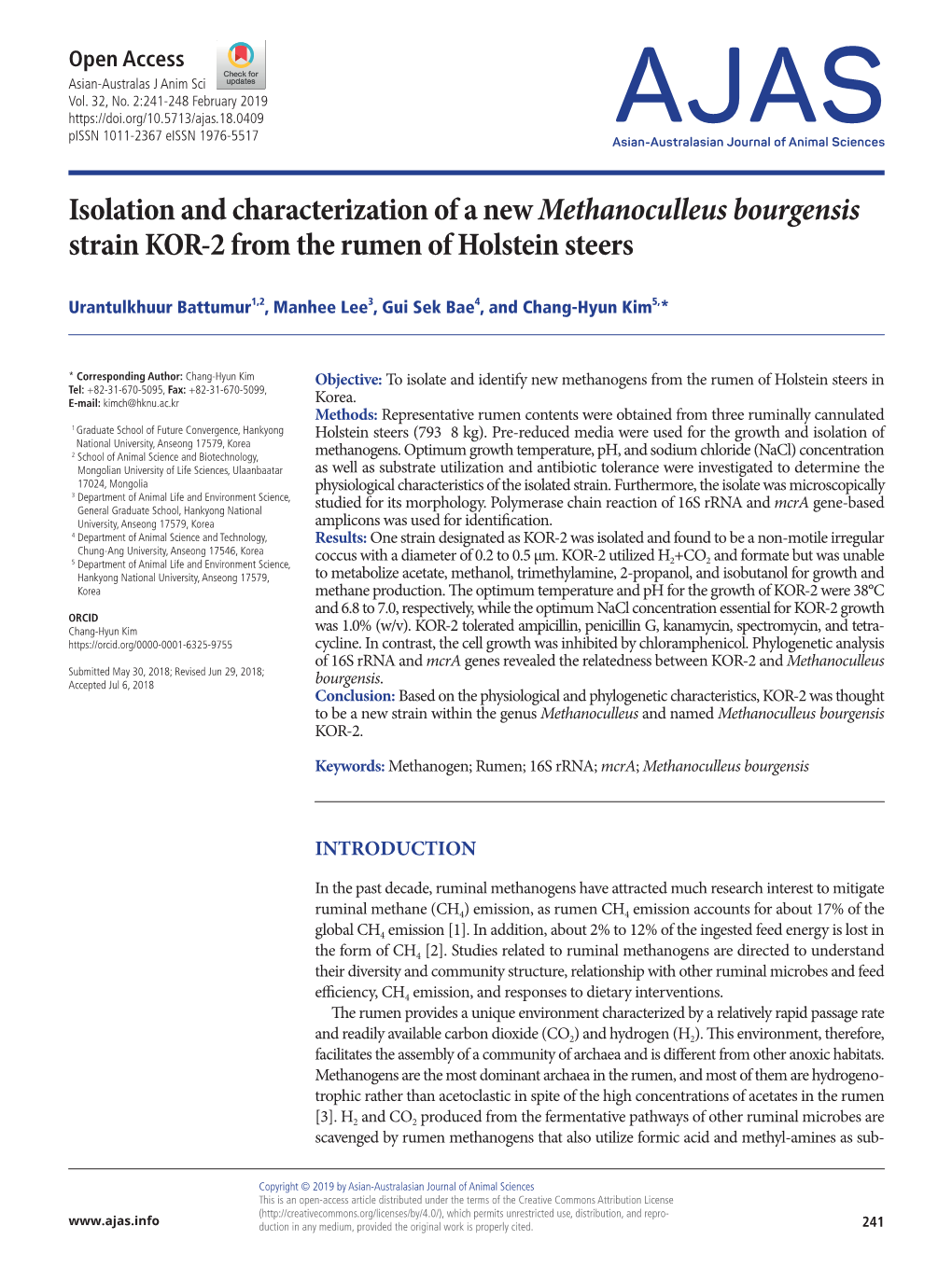 Isolation and Characterization of a New Methanoculleus Bourgensis Strain KOR-2 from the Rumen of Holstein Steers