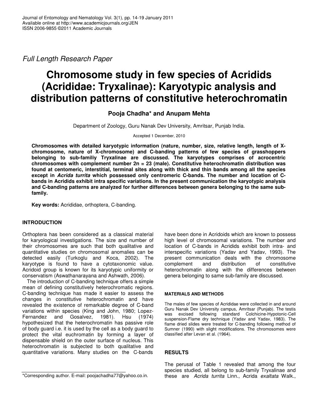 Chromosome Study in Few Species of Acridids (Acrididae: Tryxalinae): Karyotypic Analysis and Distribution Patterns of Constitutive Heterochromatin