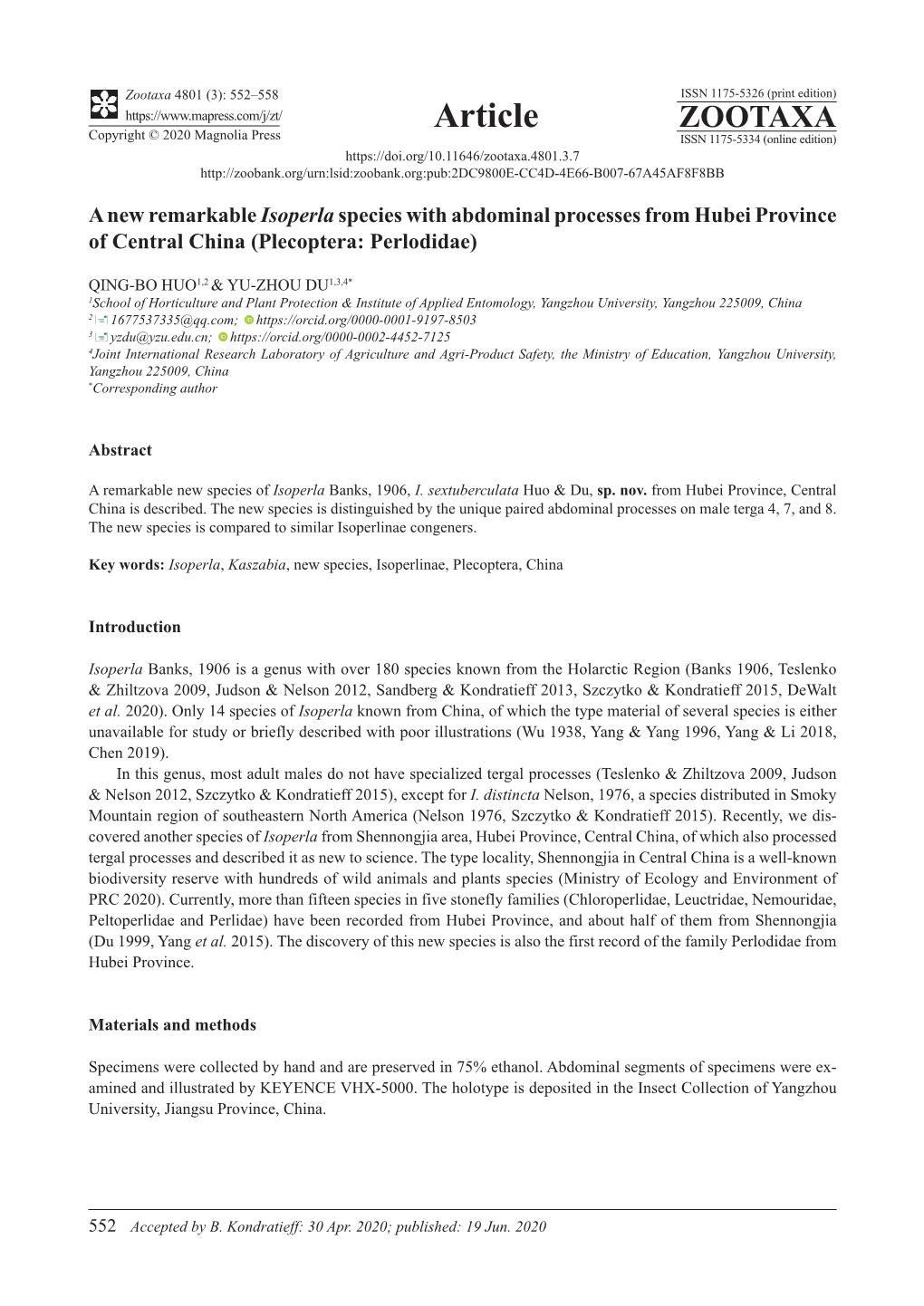 A New Remarkable Isoperla Species with Abdominal Processes from Hubei Province of Central China (Plecoptera: Perlodidae)