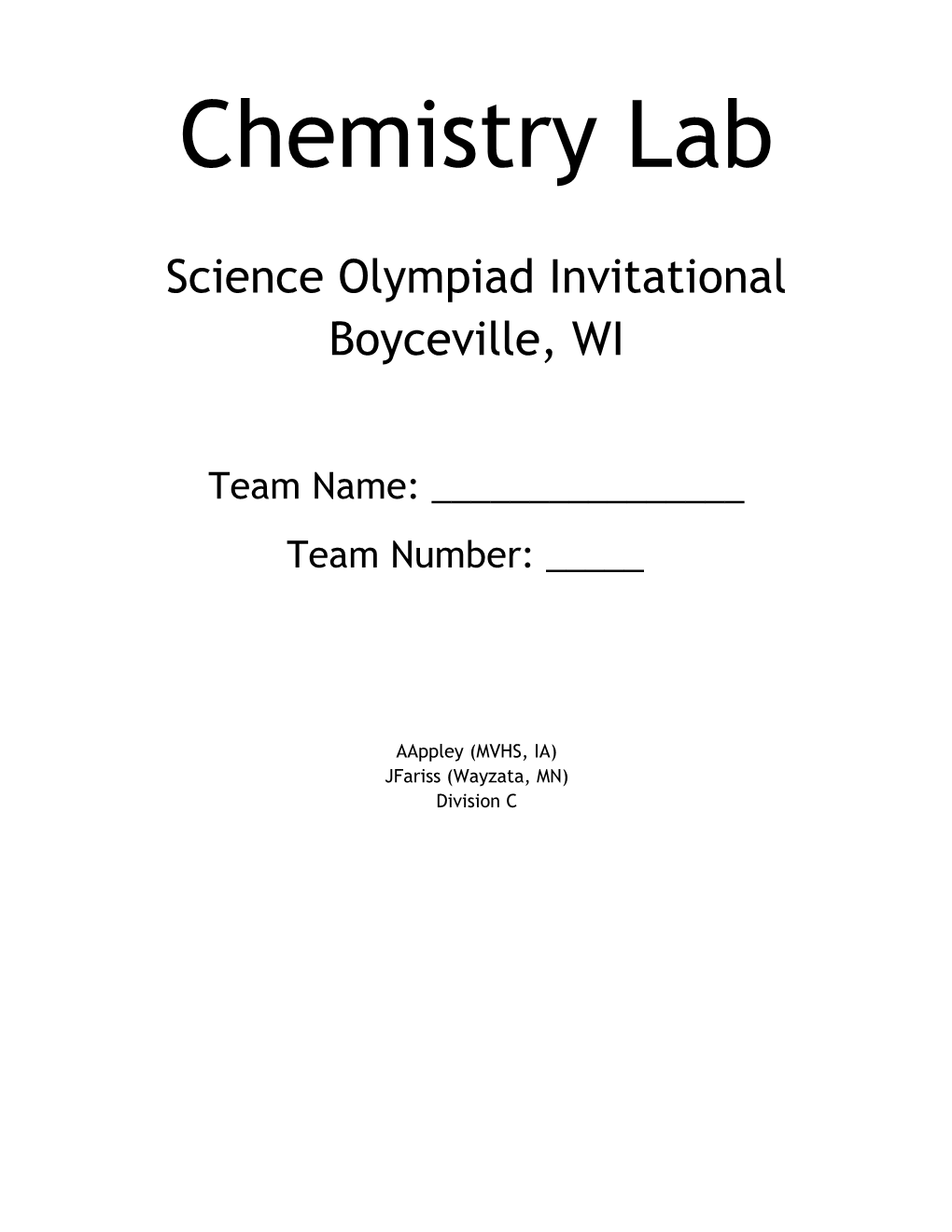 Answer Sheet Chem Lab Division C Team Name: ______