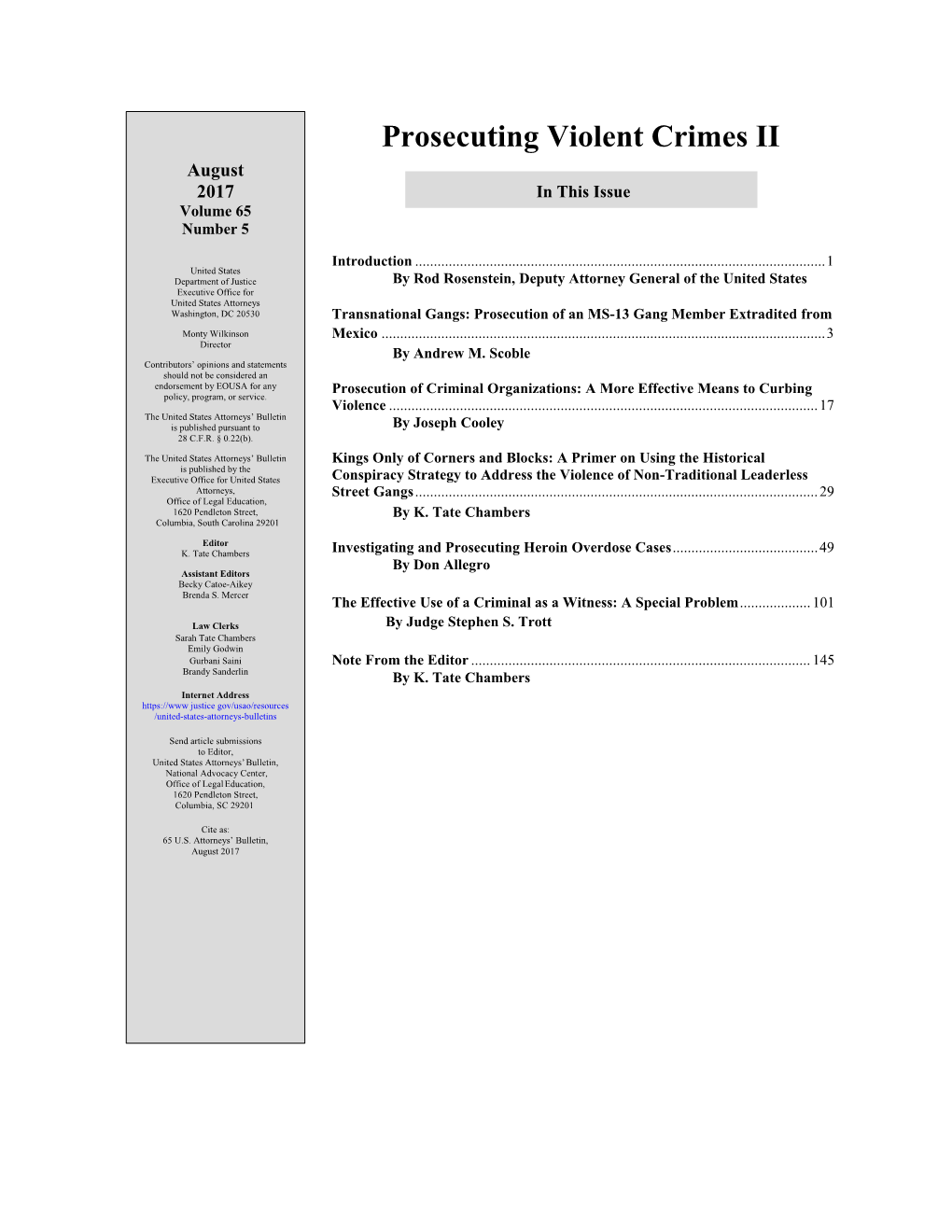 Prosecuting Violent Crimes II August 2017 in This Issue Volume 65 Number 5