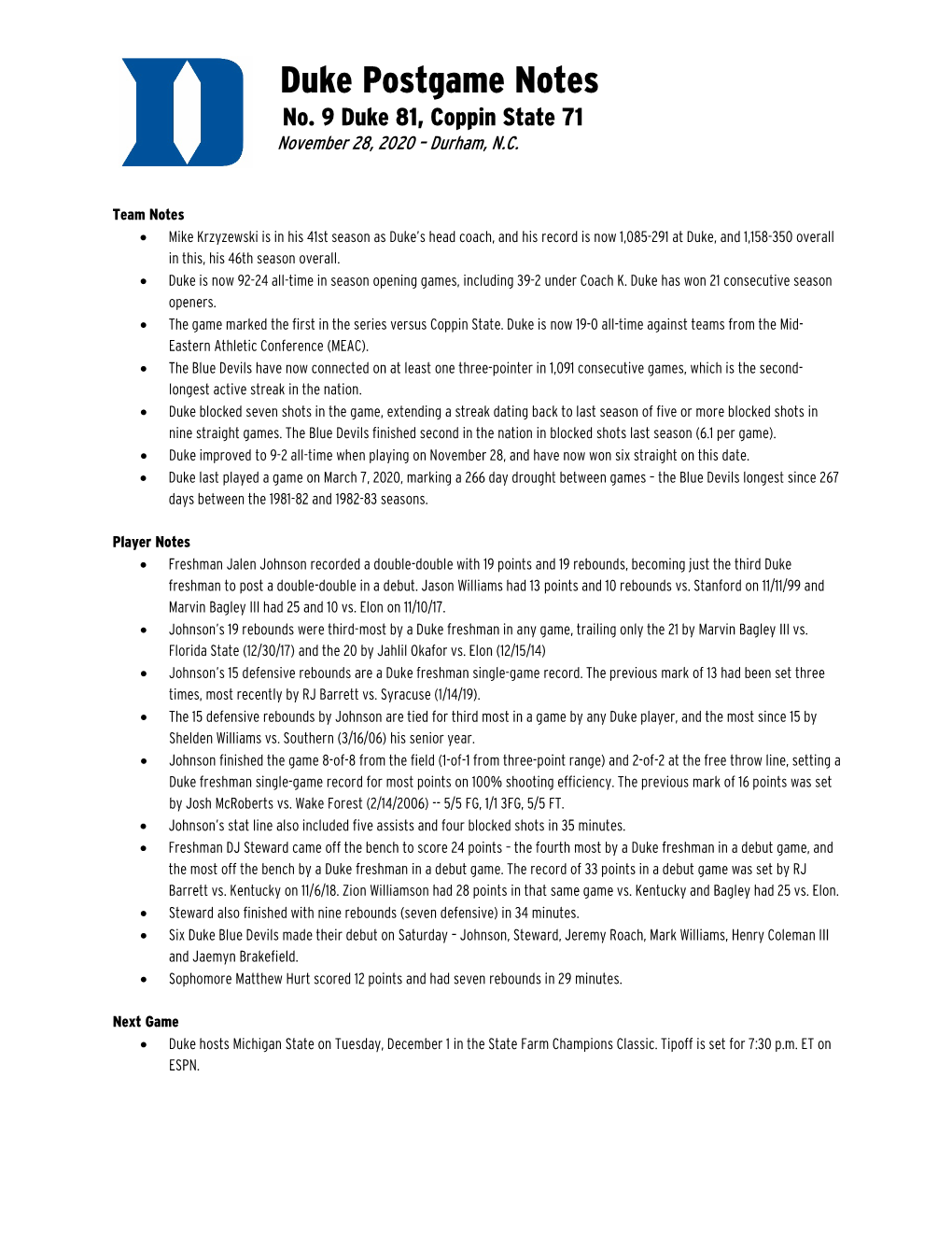 Duke Postgame Notes No