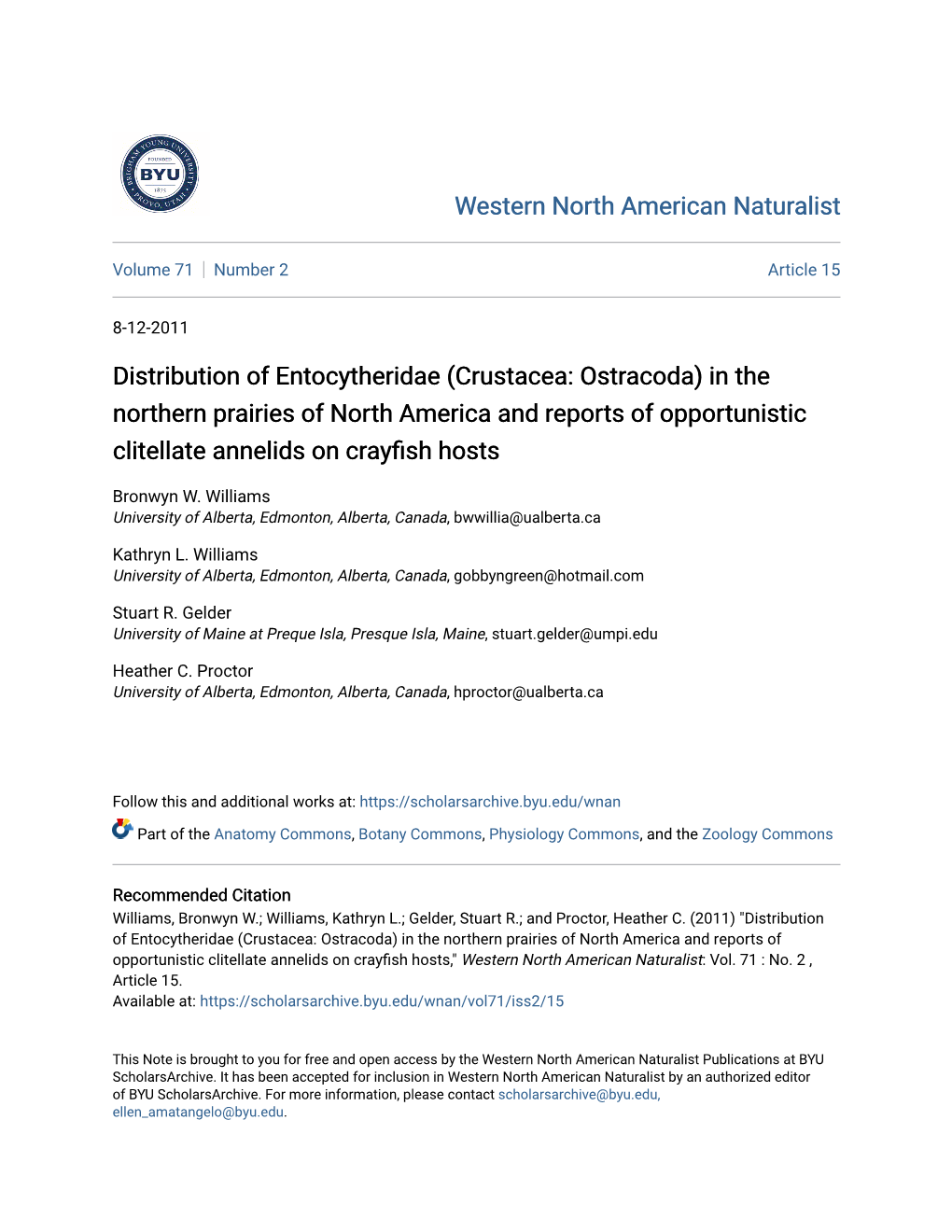 Crustacea: Ostracoda) in the Northern Prairies of North America and Reports of Opportunistic Clitellate Annelids on Crayfish Hosts