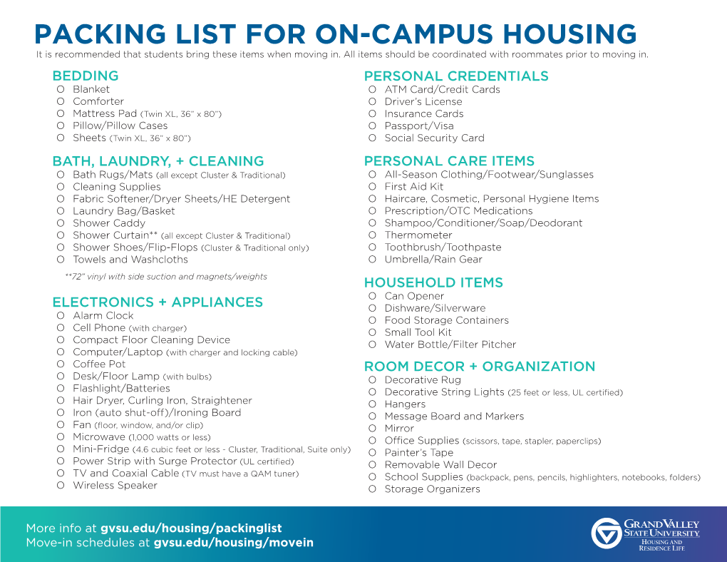 PACKING LIST for ON-CAMPUS HOUSING It Is Recommended That Students Bring These Items When Moving In