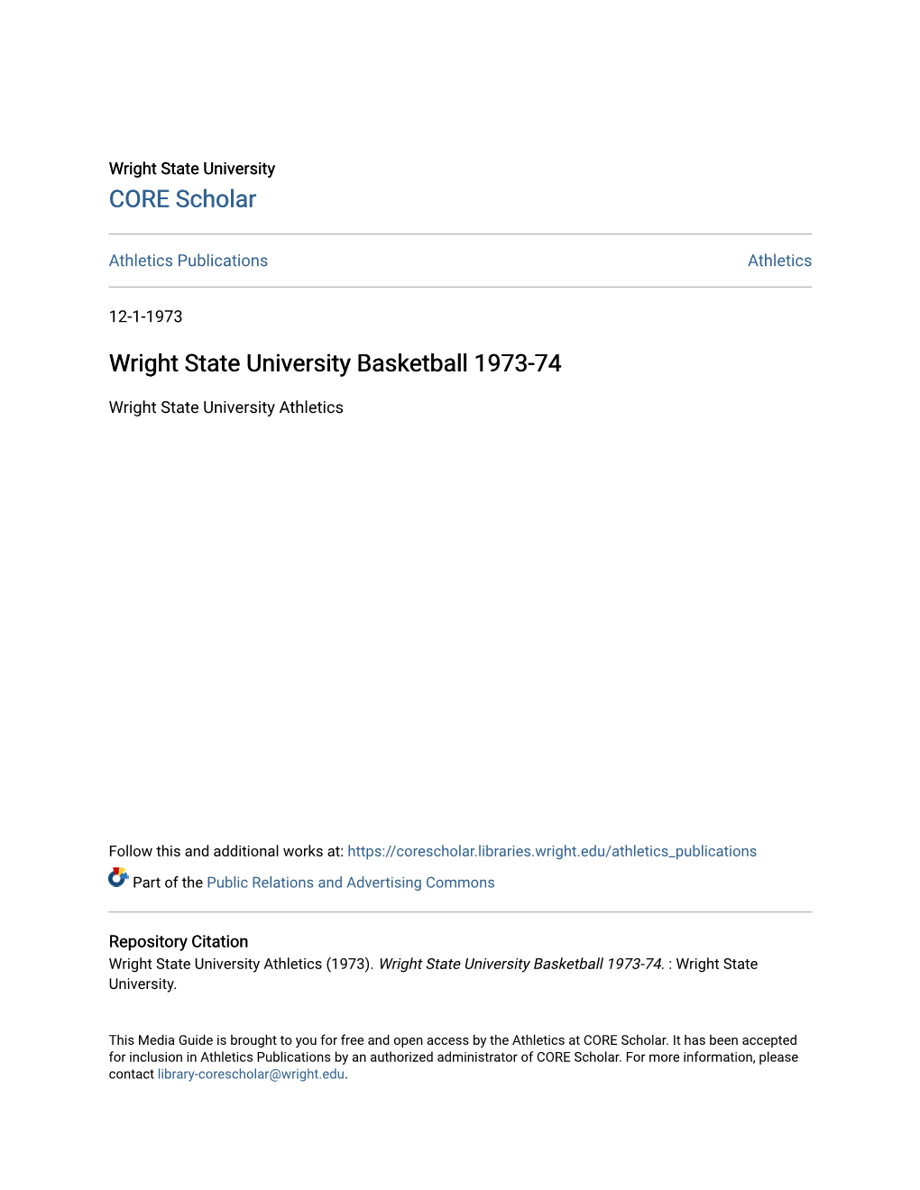 Wright State University Basketball 1973-74