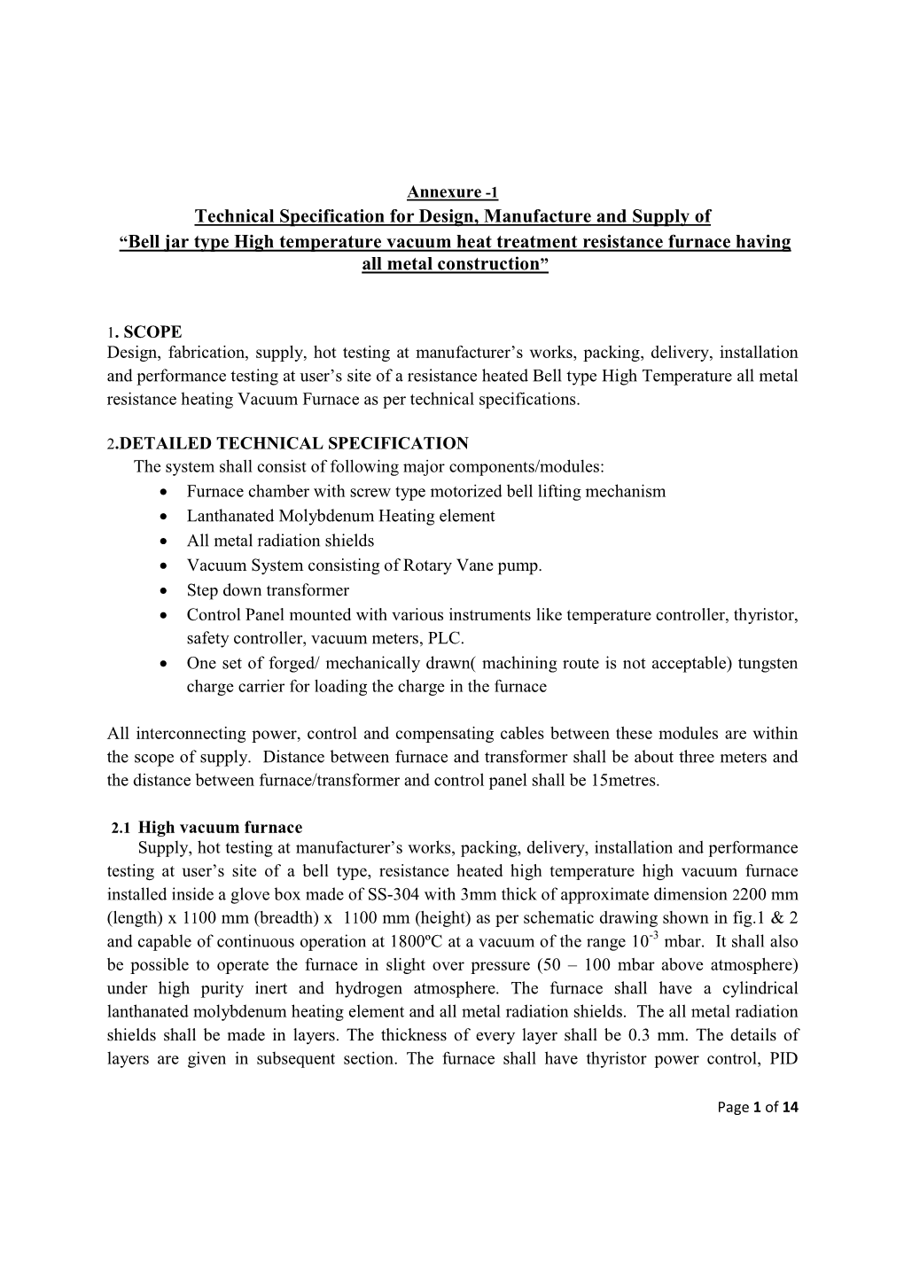 Technical Specification for Design, Manufacture and Supply of “Bell Jar Type High Temperature Vacuum Heat Treatment Resistance Furnace Having All Metal Construction”