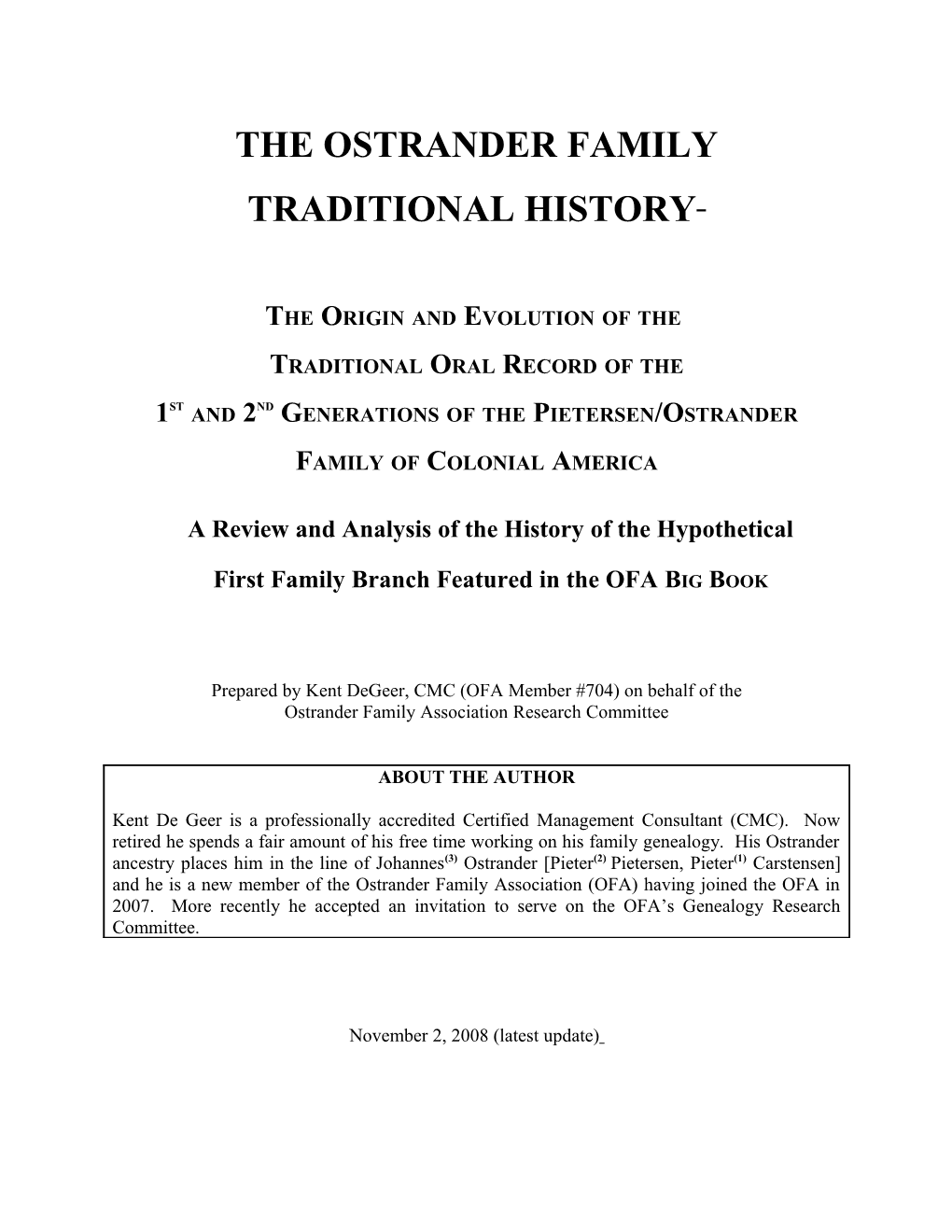 The Ostrander Family TRADITIONAL History