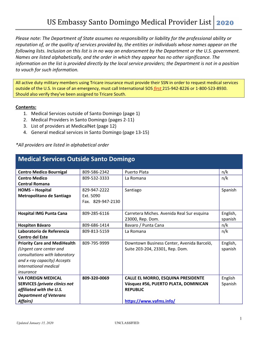 US Embassy Santo Domingo Medical Provider List 2020