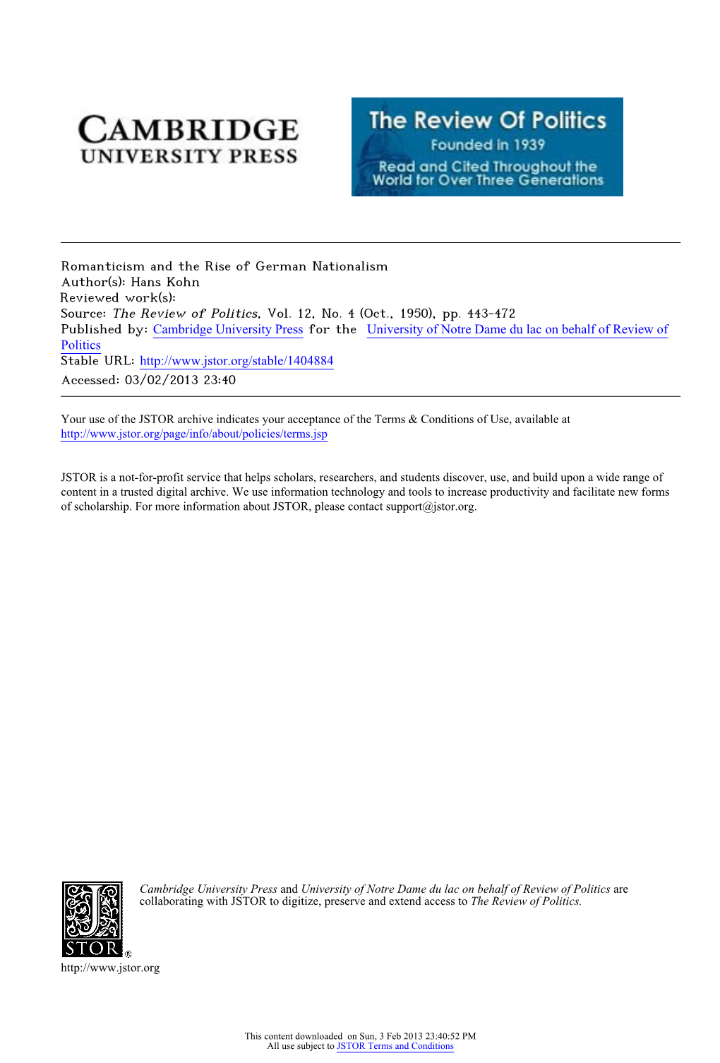 Romanticism and the Rise of German Nationalism Author(S): Hans Kohn Reviewed Work(S): Source: the Review of Politics, Vol