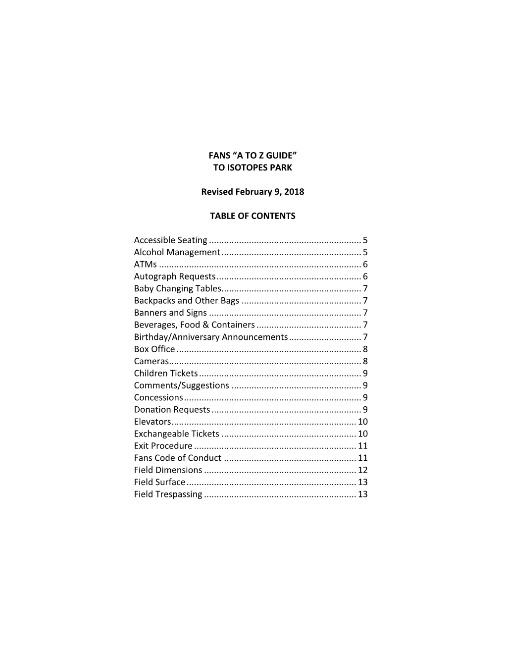 “A to Z GUIDE” to ISOTOPES PARK Revised February 9, 2018 TABLE