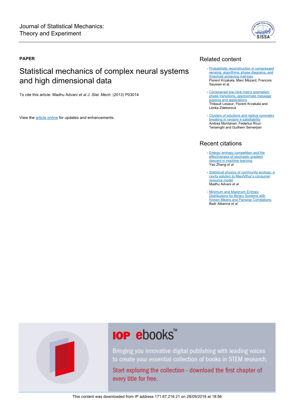 Statistical Mechanics of Complex Neural Systems and High