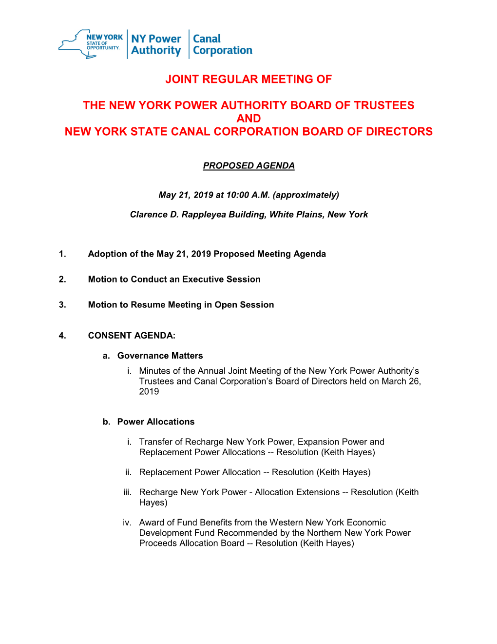 Joint Regular Meeting of the New York Power Authority Board of Trustees