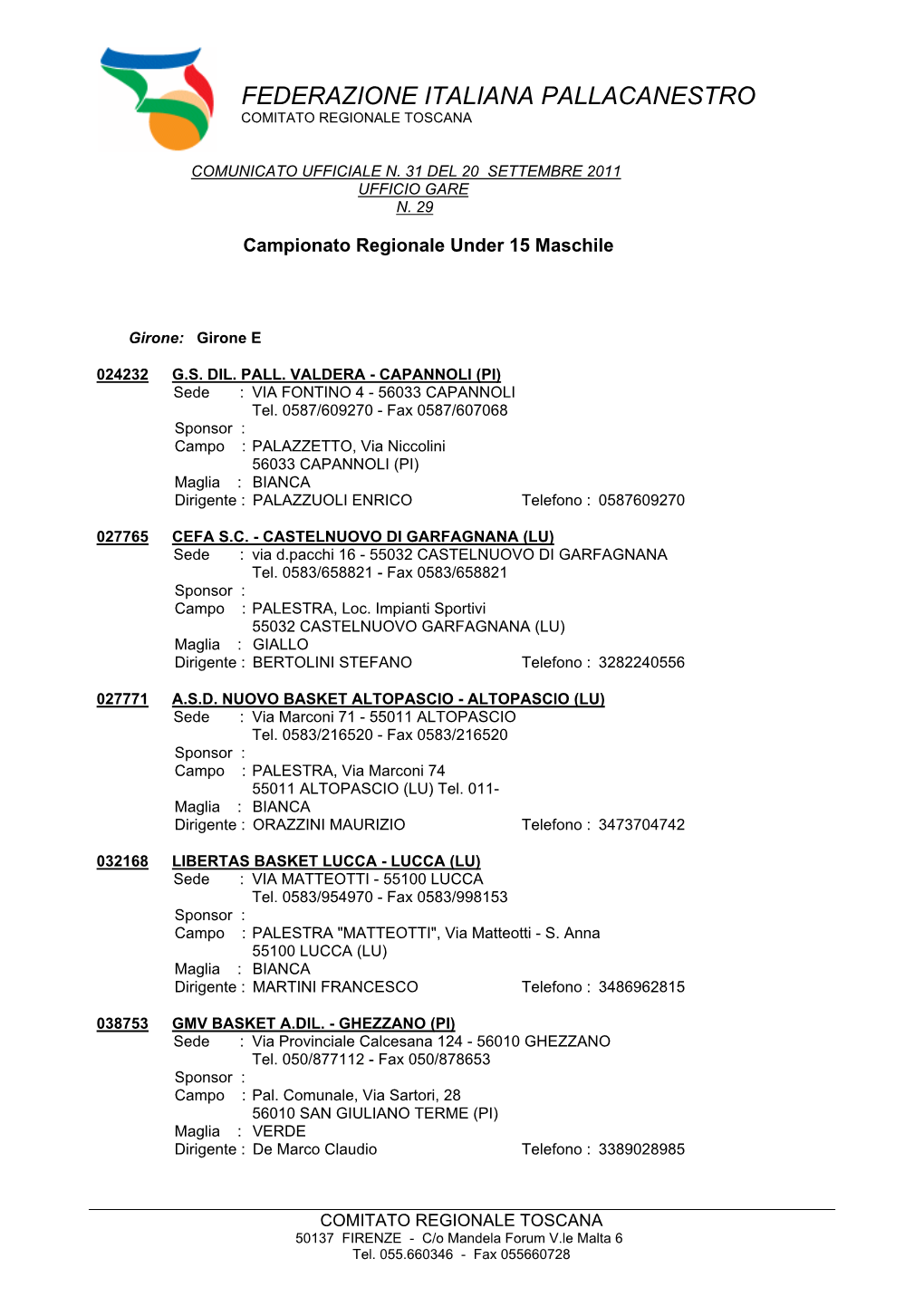 Federazione Italiana Pallacanestro Comitato Regionale Toscana