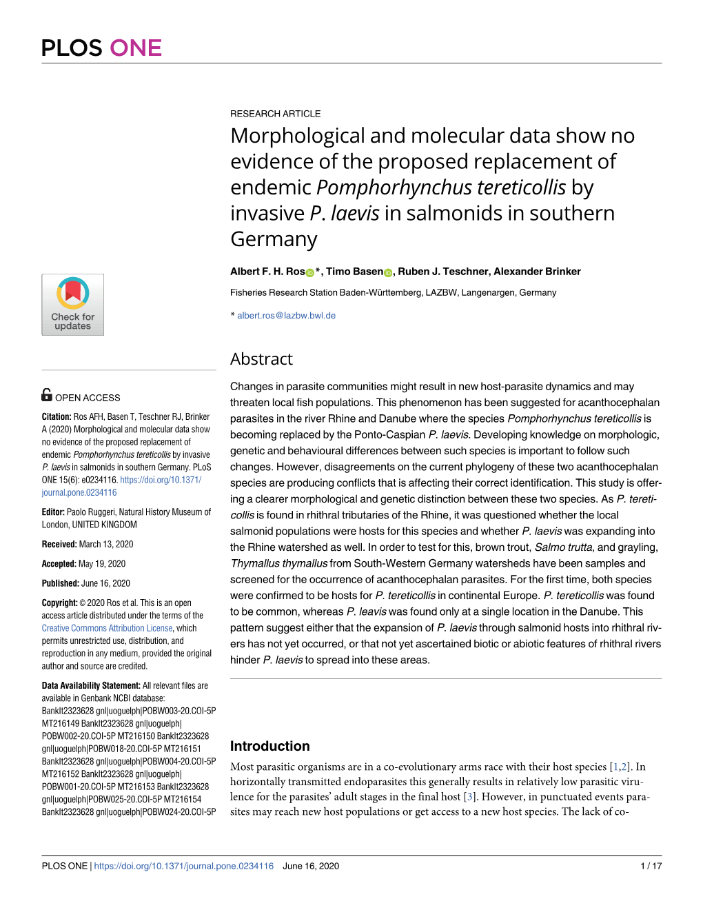 Morphological and Molecular Data Show No Evidence of the Proposed Replacement of Endemic Pomphorhynchus Tereticollis by Invasive P