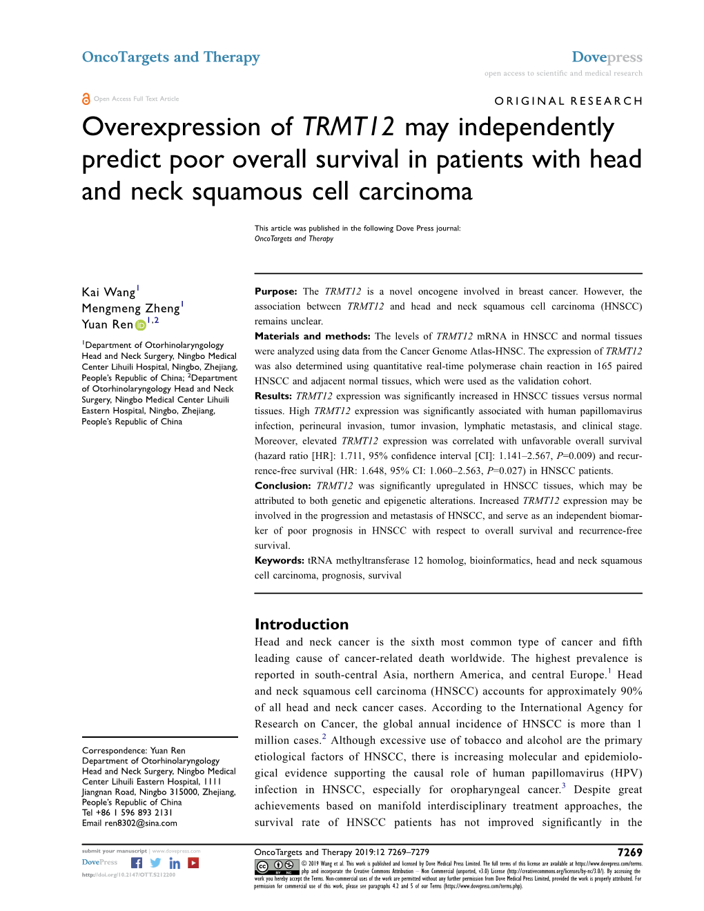 Overexpression of TRMT12 May Independently Predict Poor Overall Survival in Patients with Head and Neck Squamous Cell Carcinoma