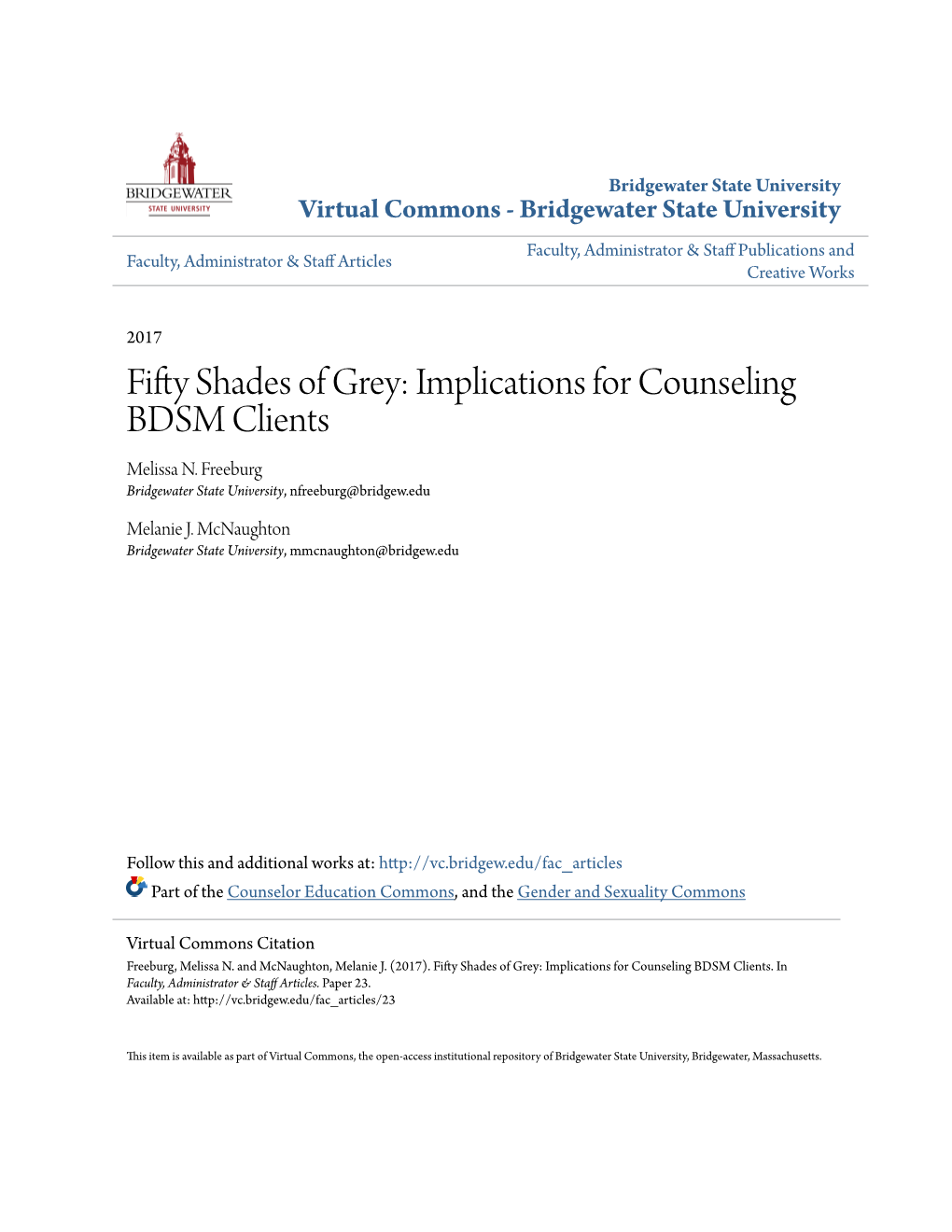 Fifty Shades of Grey: Implications for Counseling BDSM Clients Melissa N