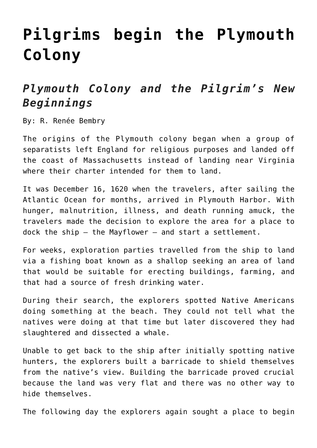 Pilgrims Begin the Plymouth Colony