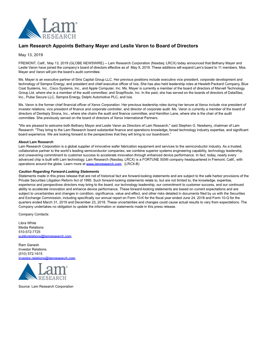 Lam Research Appoints Bethany Mayer and Leslie Varon to Board of Directors