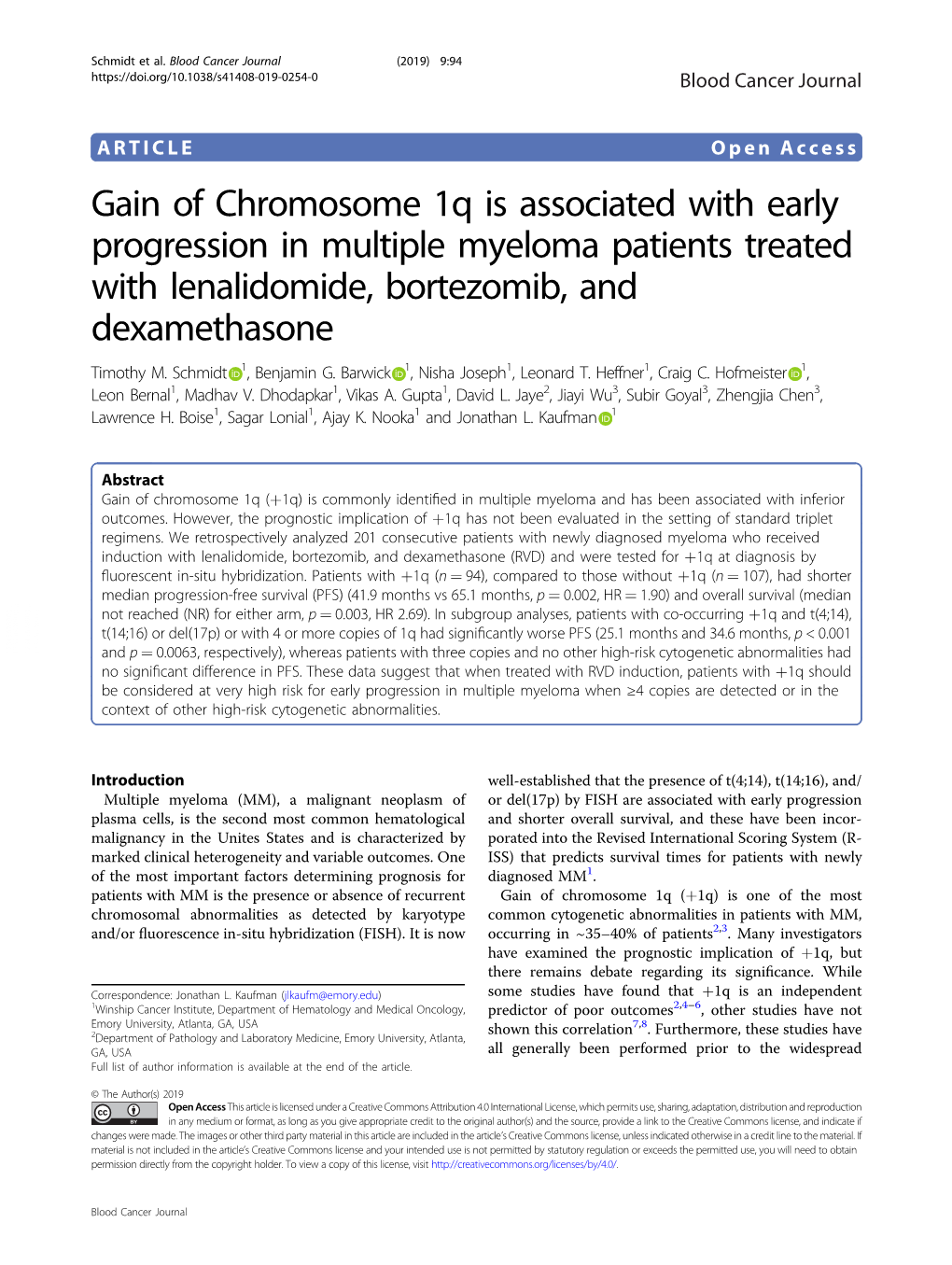 Gain of Chromosome 1Q Is Associated with Early Progression in Multiple Myeloma Patients Treated with Lenalidomide, Bortezomib, and Dexamethasone Timothy M