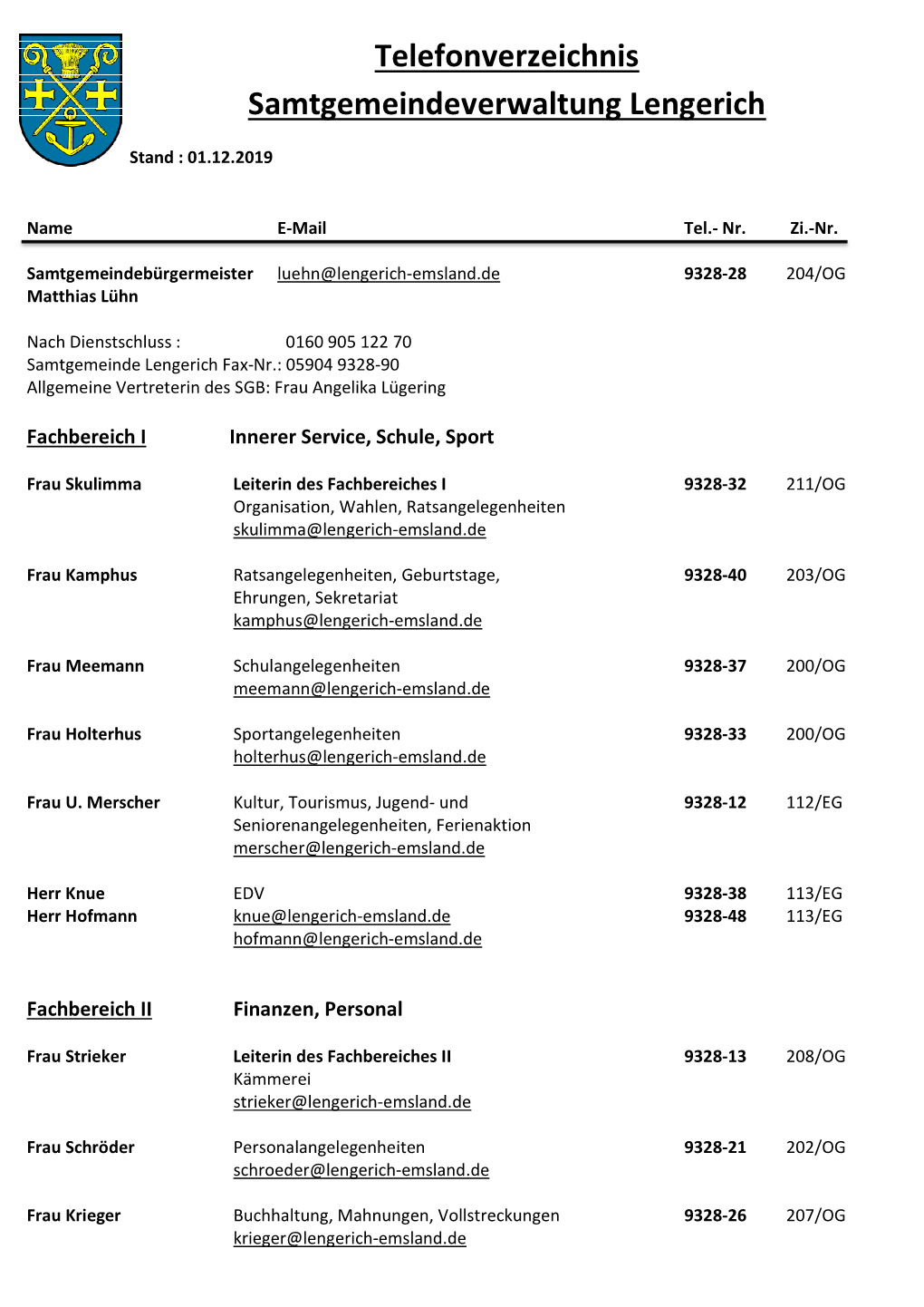 Telefonverzeichnis Samtgemeindeverwaltung Lengerich
