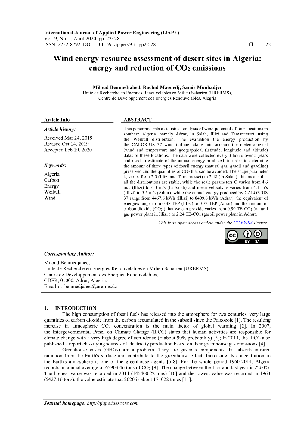 Wind Energy Resource Assessment of Desert Sites in Algeria: Energy and Reduction of CO2 Emissions