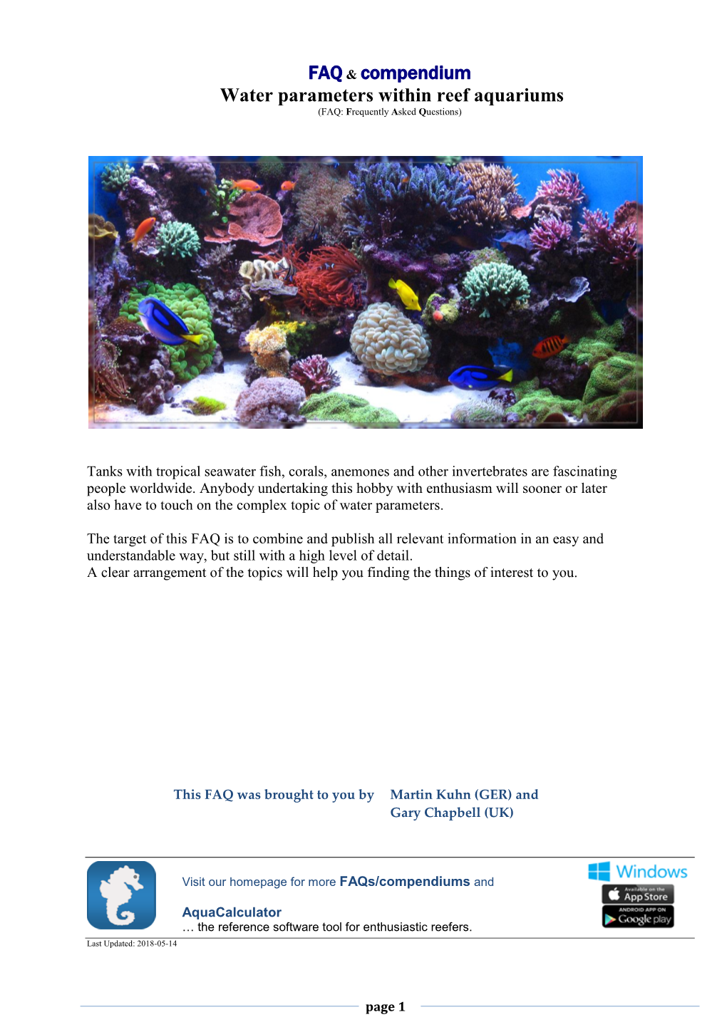 FAQ & Compendium Water Parameters Within Reef Aquariums (FAQ: Frequently Asked Questions)