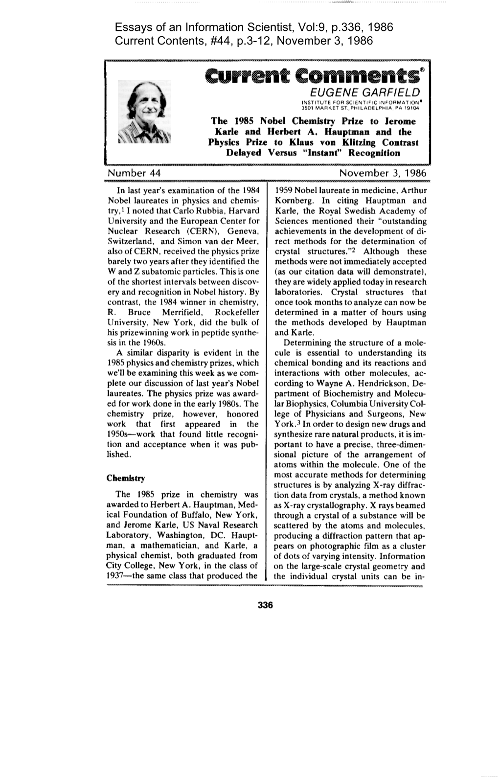 The 1985 Nobel Chemistry Prize to Jerome Karle and Herbert A