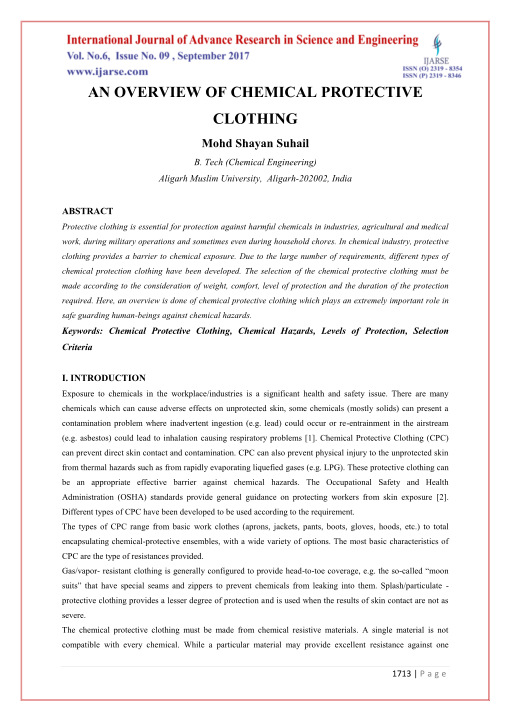 AN OVERVIEW of CHEMICAL PROTECTIVE CLOTHING Mohd Shayan Suhail B