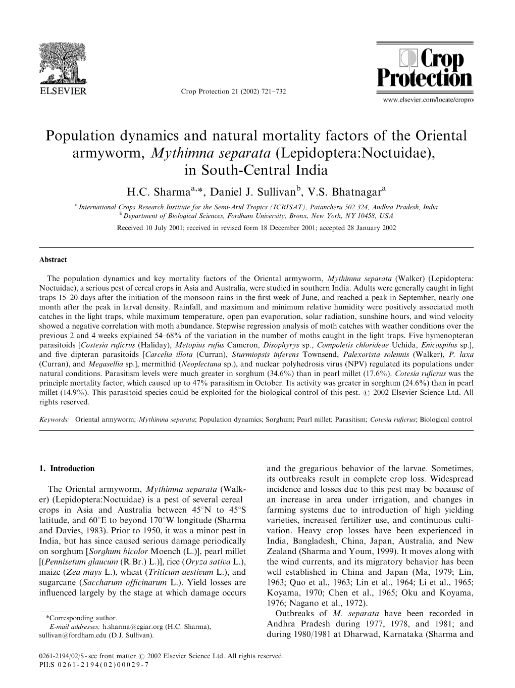 Population Dynamics and Natural Mortality Factors of the Oriental Armyworm, Mythimna Separata (Lepidoptera:Noctuidae), in South-Central India H.C