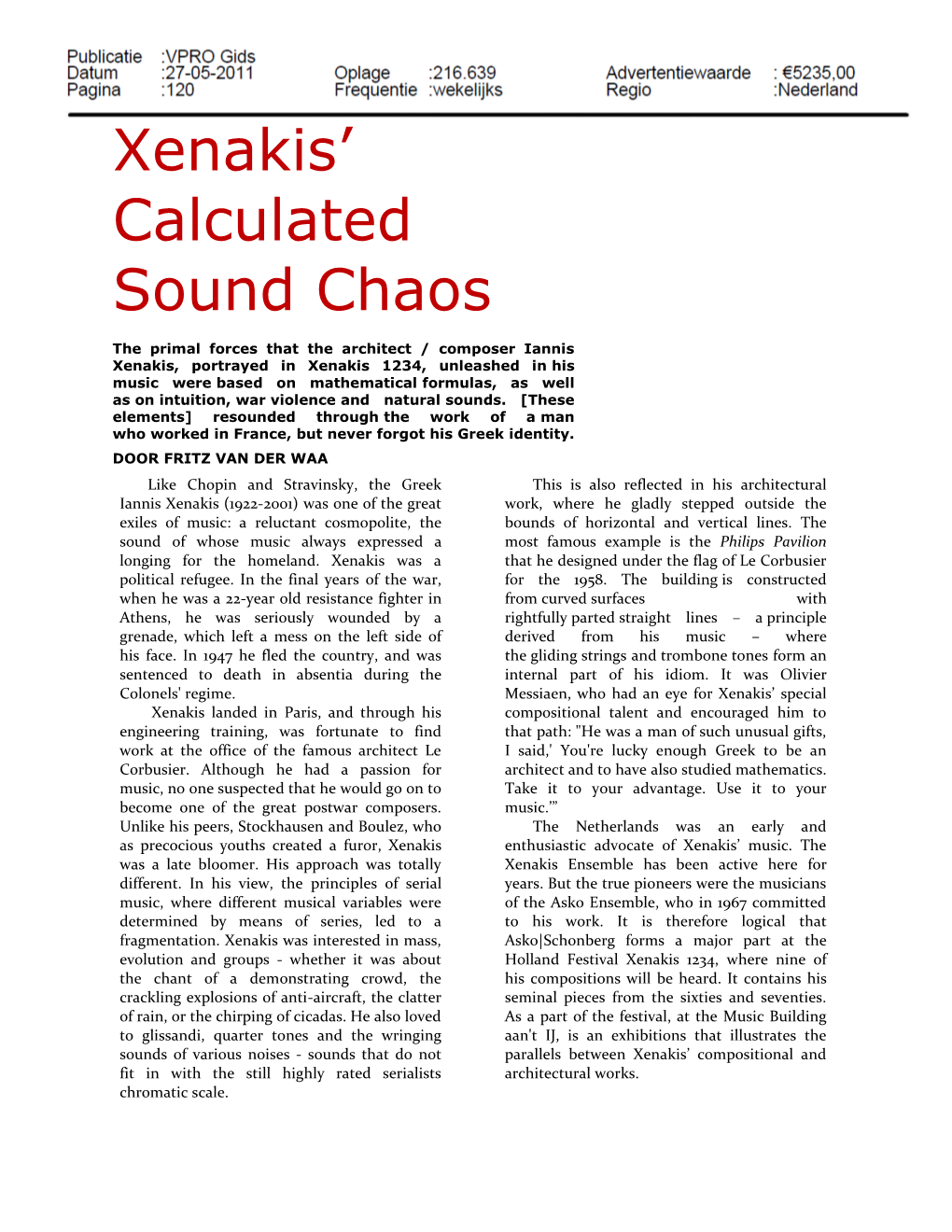 Xenakis' Calculated Sound Chaos