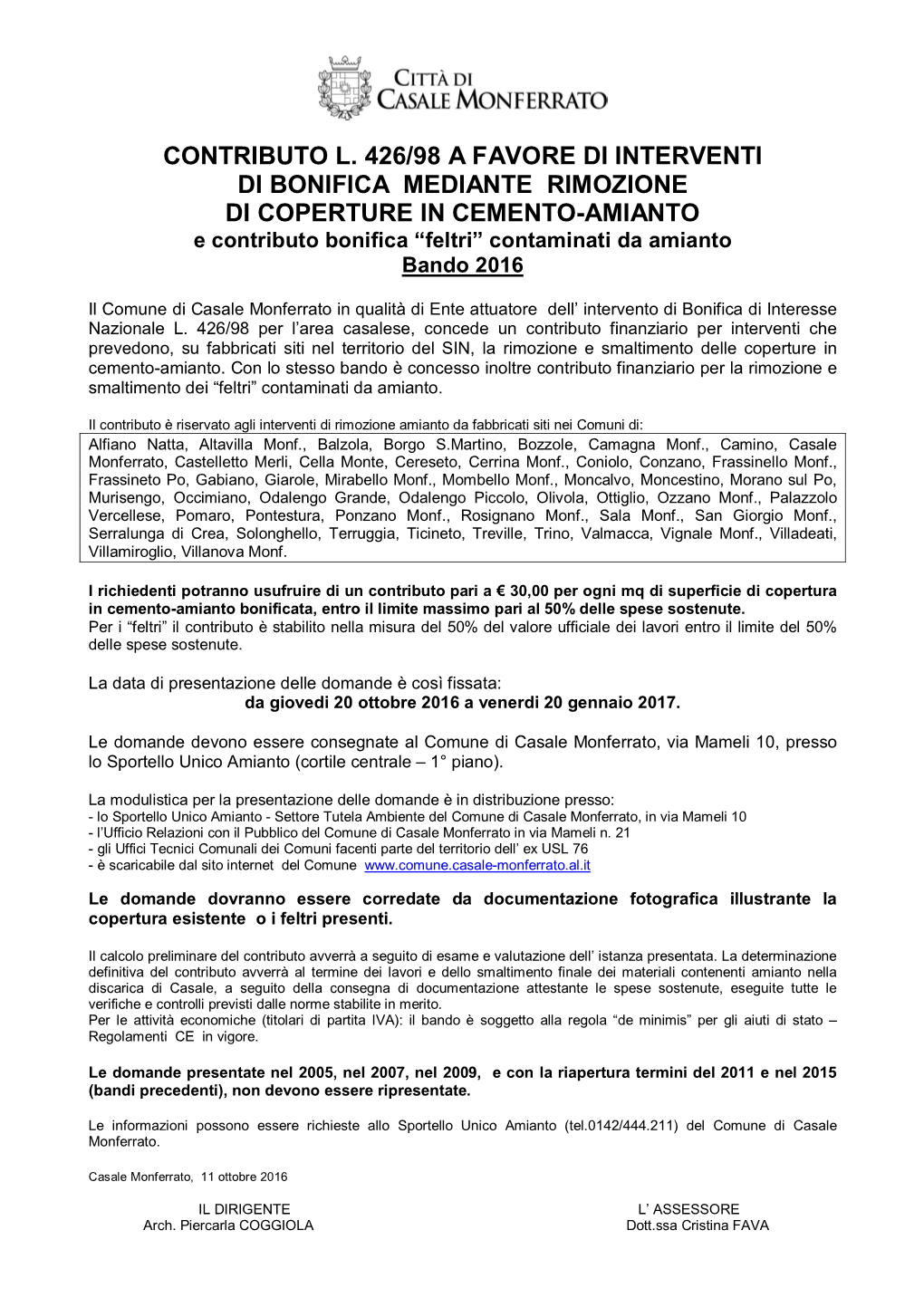 Contributo L. 426/98 a Favore Di Interventi Di Bonifica Mediante Rimozione Di Coperture in Cemento-Amianto