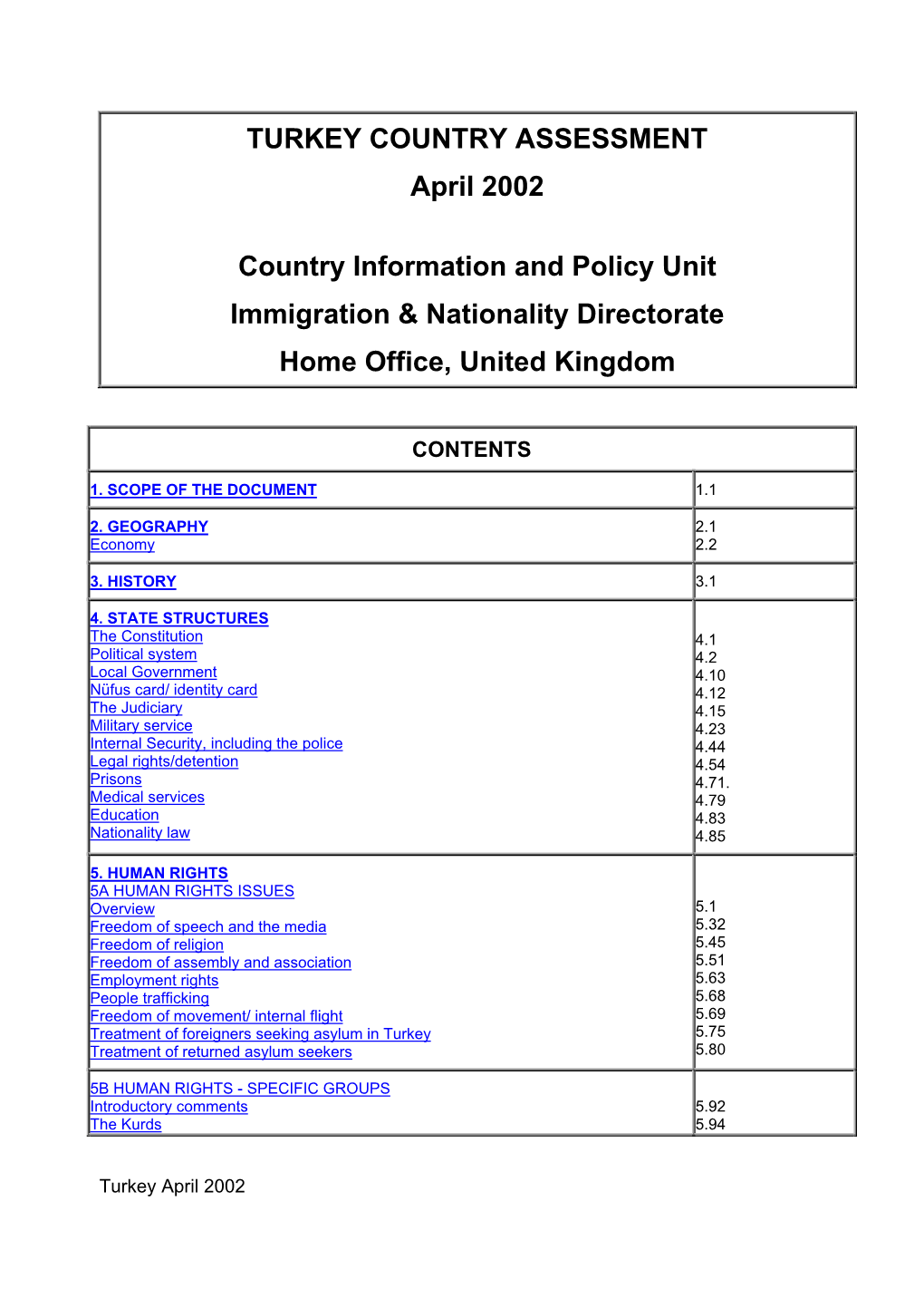 Turkey Assessment April 2002