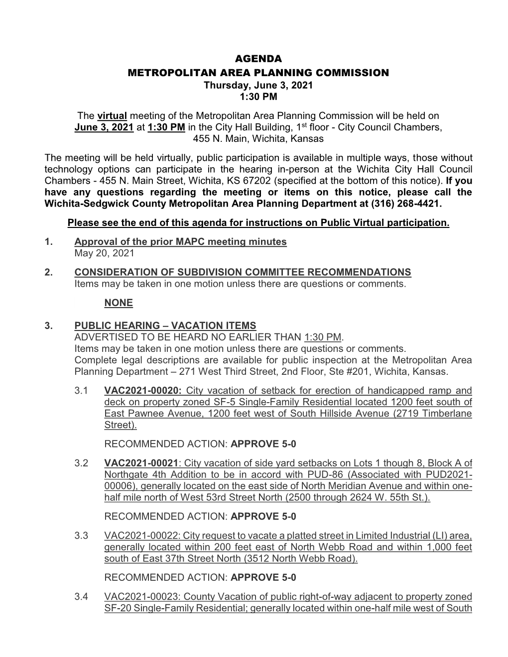 Metropolitan Area Planning Commission Agenda