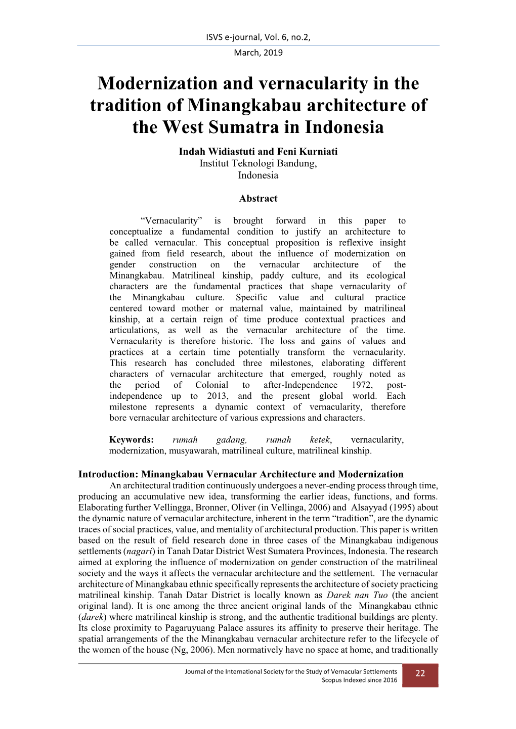 Modernization and Vernacularity in the Tradition of Minangkabau Architecture of the West Sumatra in Indonesia