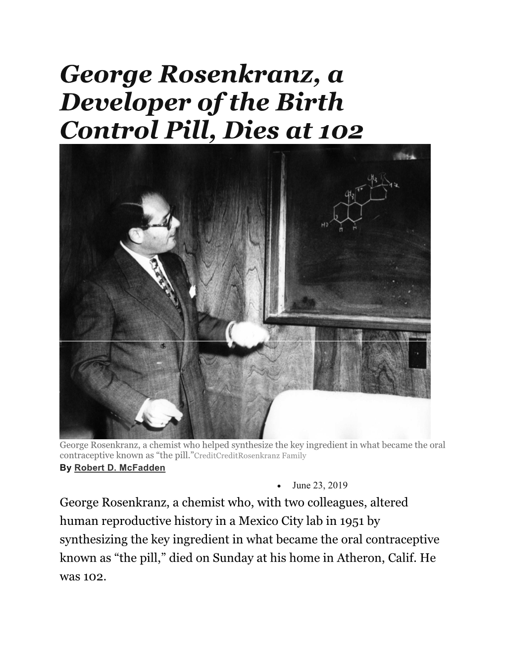 George Rosenkranz, a Developer of the Birth Control Pill, Dies at 102