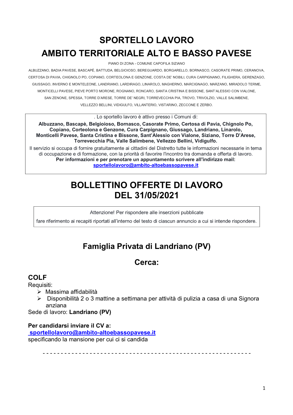 Bollettino Lavoro Distretto 31.05.2021